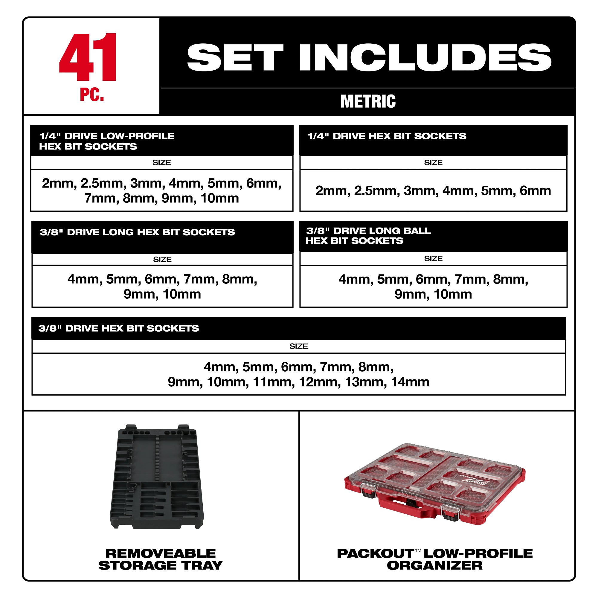 41pc 1/4” and 3/8” Drive Metric Bit Socket Set with PACKOUT™ Compact Low-Profile Organizer