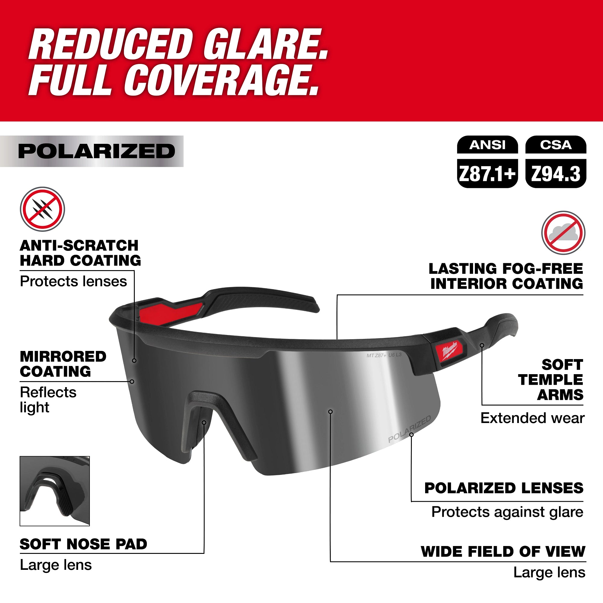 Milwaukee 48-73-2503 Polarized Wrap Around Safety Glasses - Silver Mirrored Dual Coat Lenses