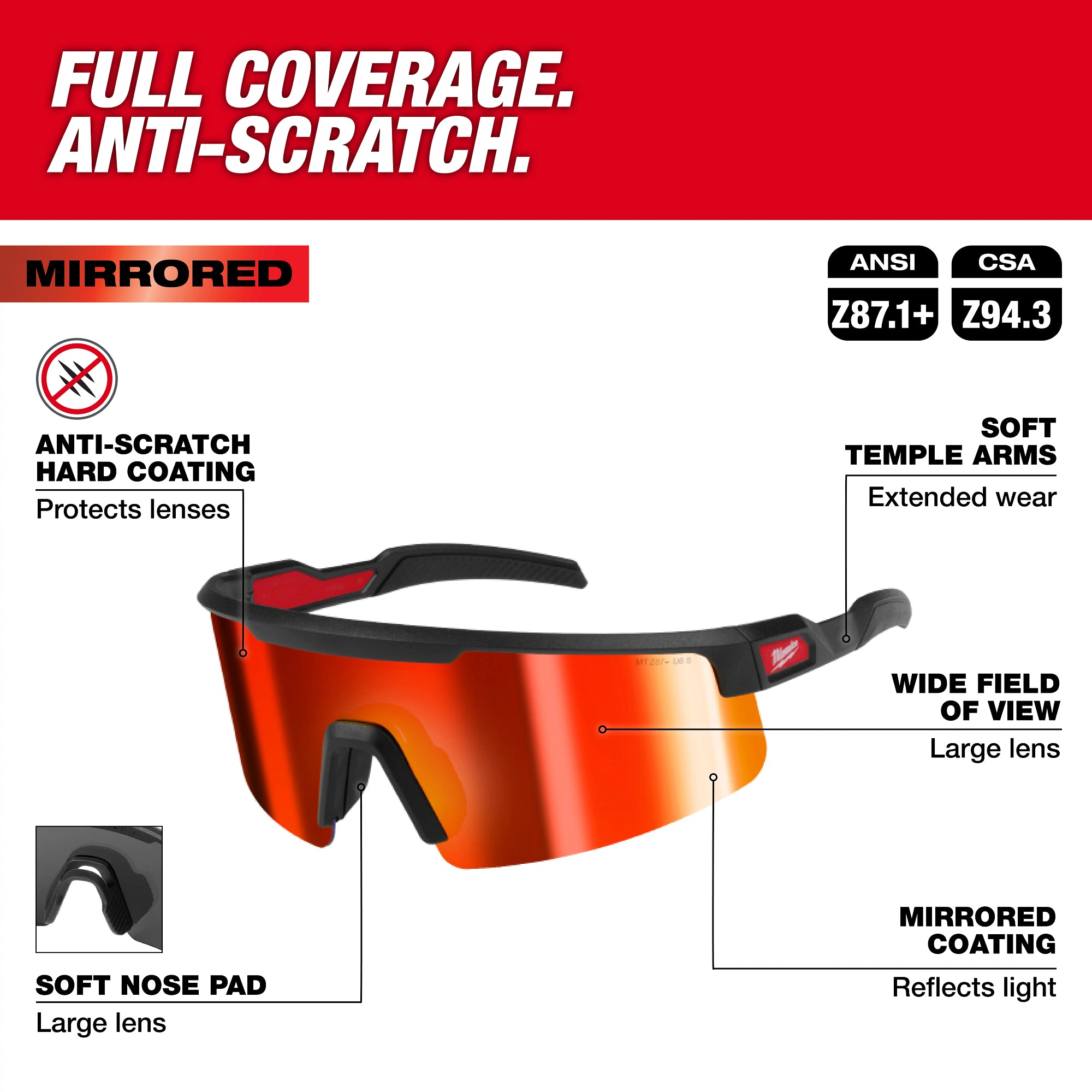 Milwaukee 48-73-2500 Wrap Around Safety Glasses - Red Mirrored Anti-Scratch Lenses - Ace Tool Group - Milwaukee Tool
