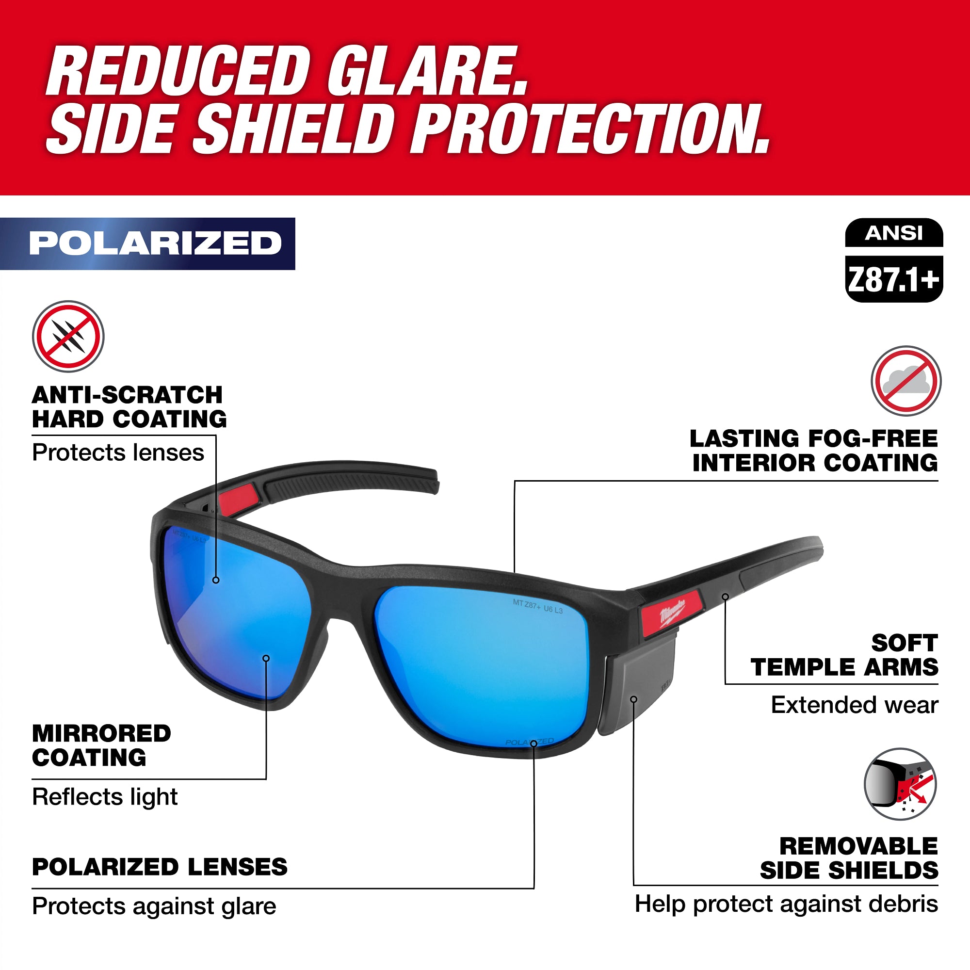 Milwaukee 48-73-2511 Polarized Full Frame Safety Glasses with Removable Side Shields – Blue Mirrored Dual Coat Lenses