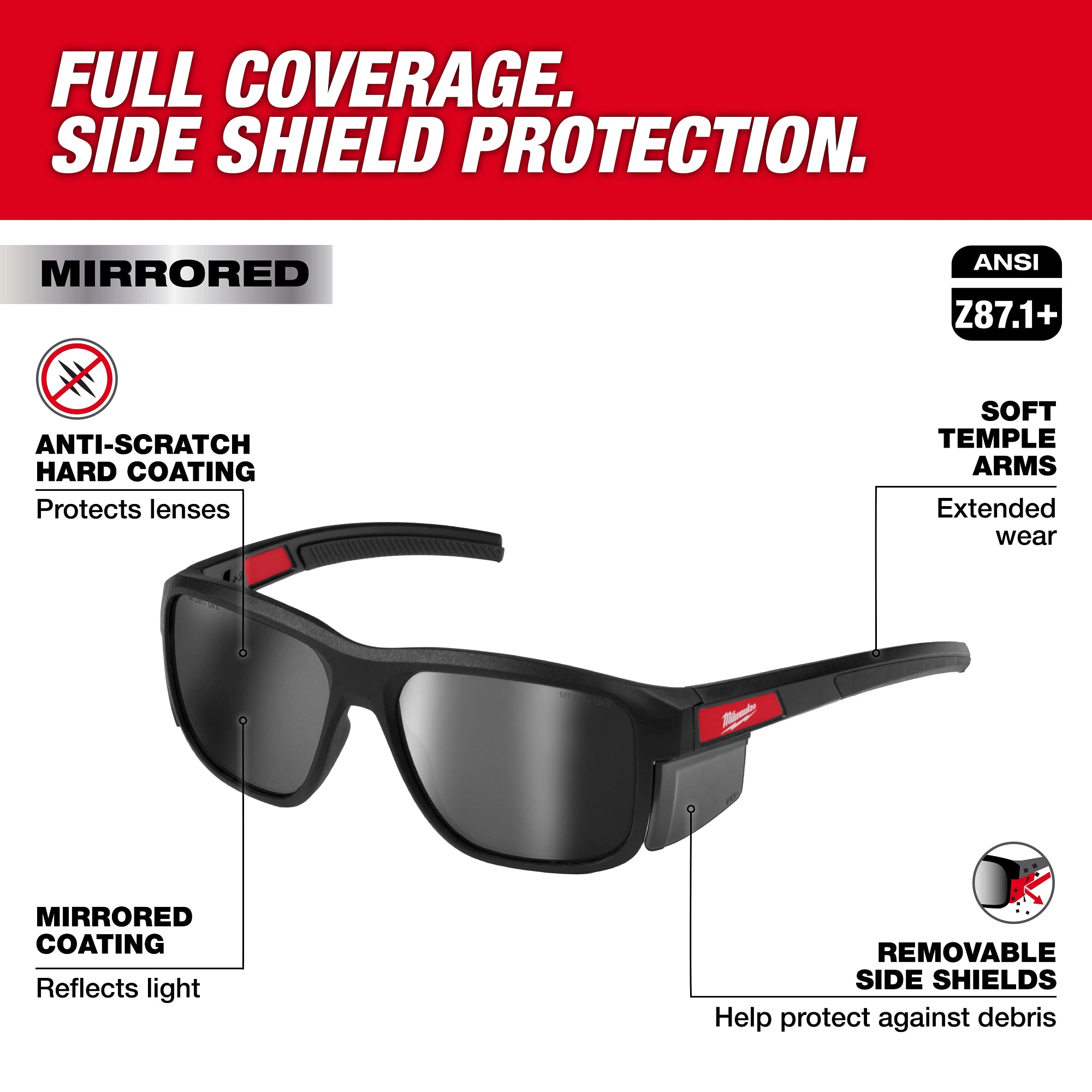Milwaukee 48-73-2512 Full Frame Safety Glasses with Removable Side Shields – Mirrored Anti-Scratch Lenses - Ace Tool Group - Milwaukee Tool