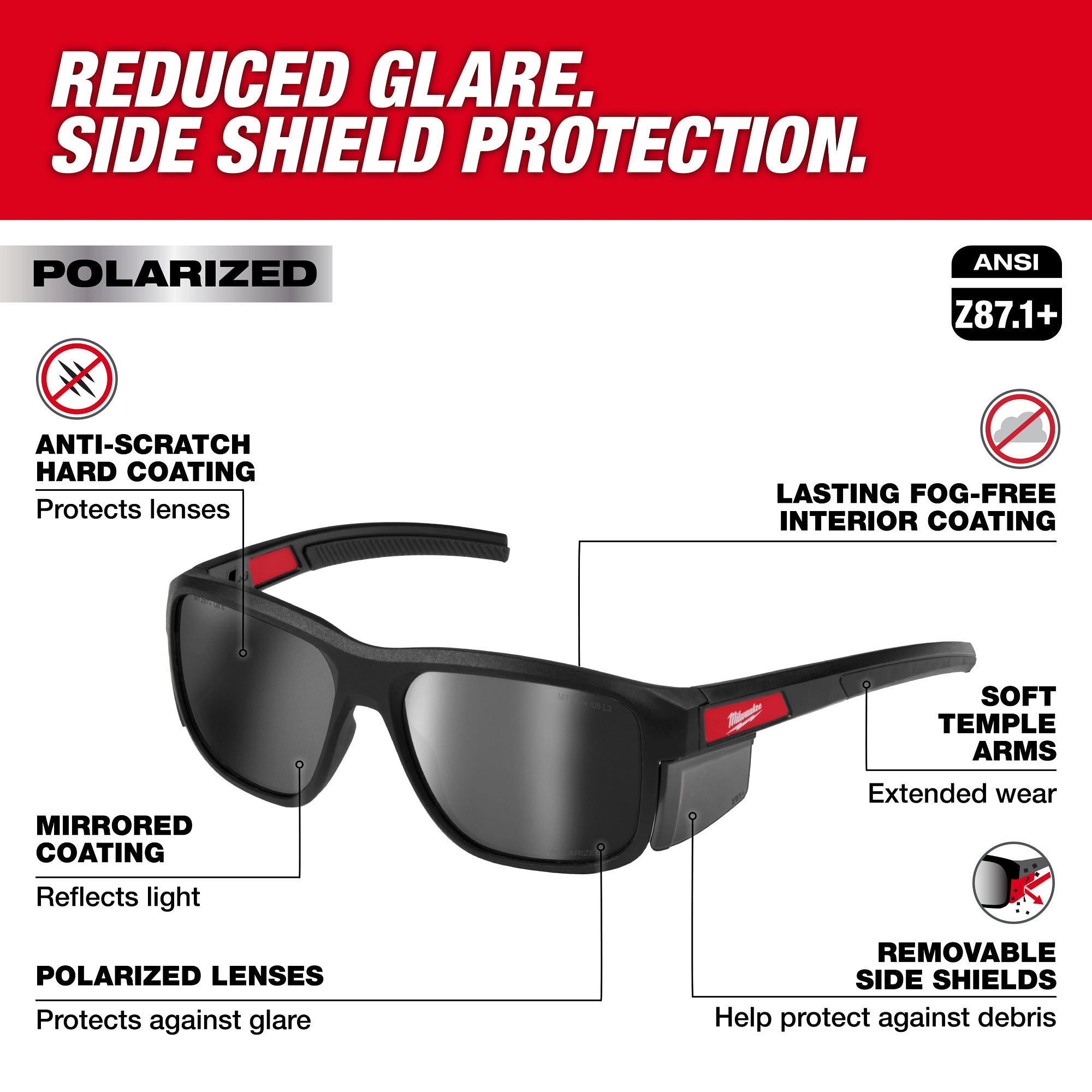 Milwaukee 48-73-2513 Polarized Full Frame Safety Glasses with Removable Side Shields – Silver Mirrored Dual Coat Lenses