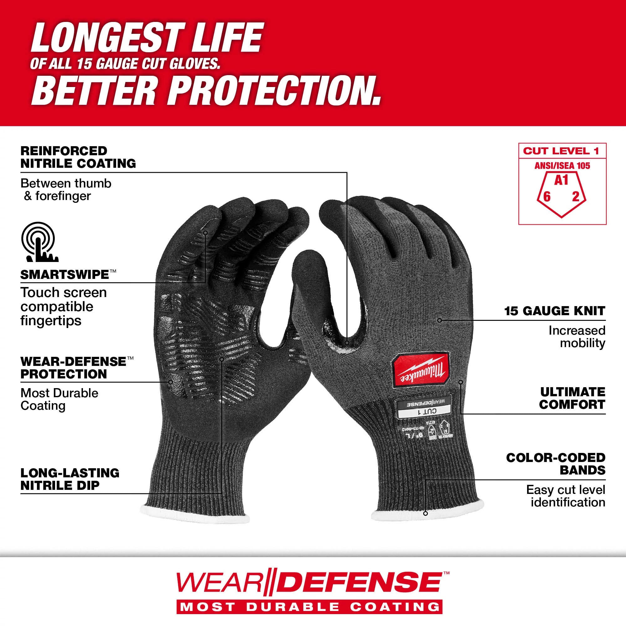 Milwaukee 48-73-6912E Cut Level 1 Nitrile Dipped Gloves w/ WEAR-DEFENSE™ Protection - L