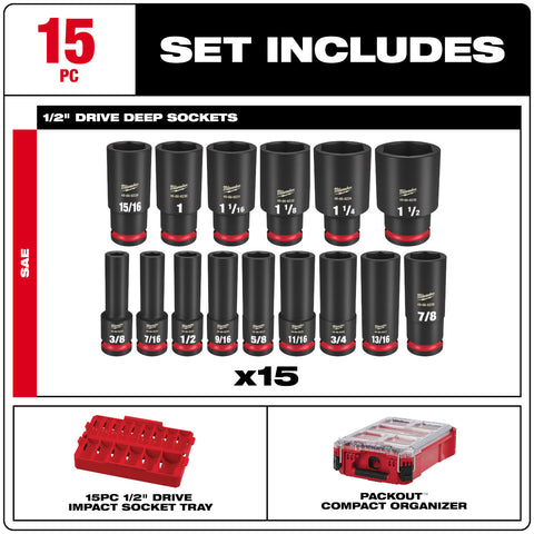 Milwaukee 49-66-6802 SHOCKWAVE Impact Duty Socket 1/2" Dr 15PC SAE PACKOUT  Set - Ace Tool Group - Milwaukee