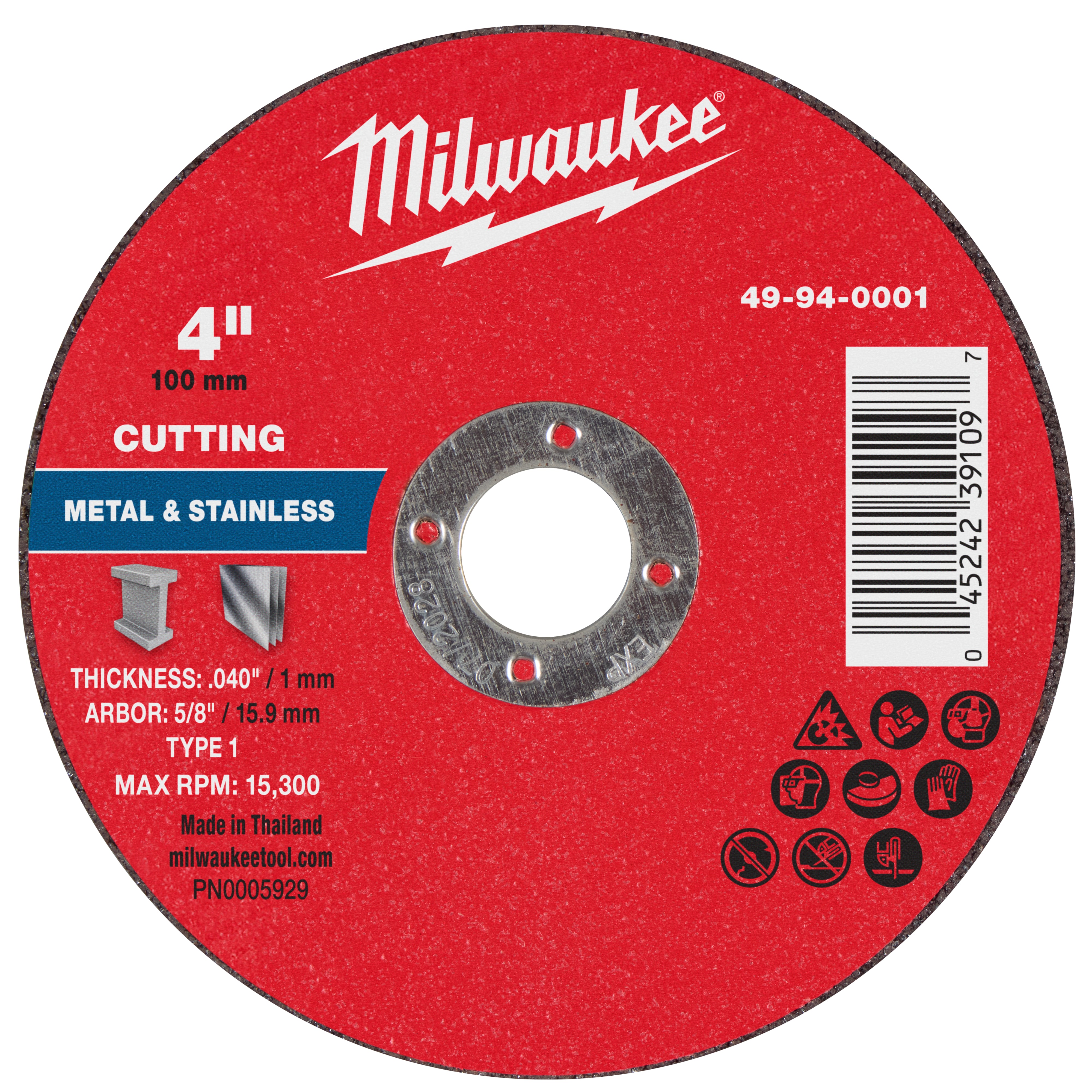 Milwaukee 49-94-0001 4" x .040" x 5/8" Metal Cut Off Wheel -Type 1 - Ace Tool Group - Milwaukee Tool