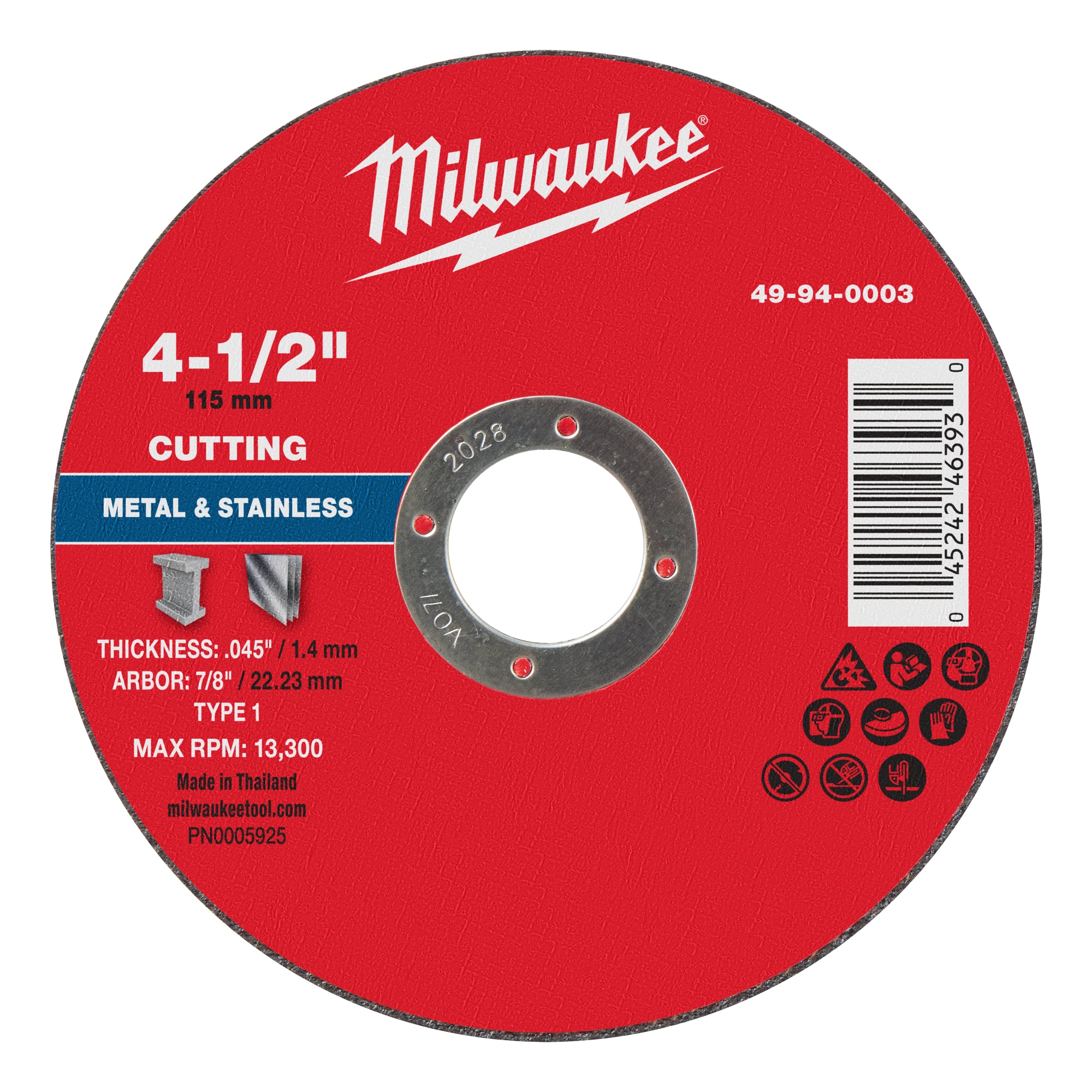 Milwaukee 49-94-0003 4-1/2" x .045" x 7/8" Metal Cut Off Wheel -Type 1 - Ace Tool Group - Milwaukee Tool