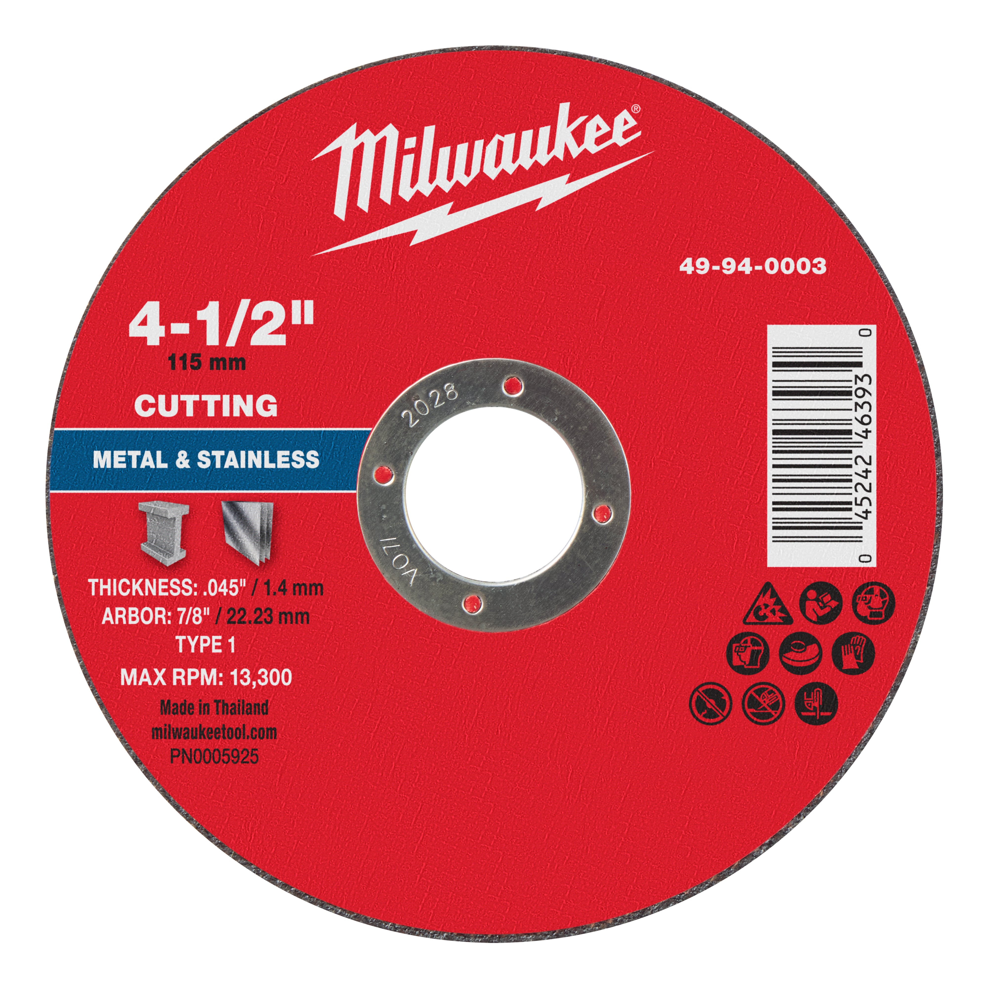 Milwaukee 49-94-0003 4-1/2" x .045" x 7/8" Metal Cut Off Wheel -Type 1 - Ace Tool Group - Milwaukee Tool