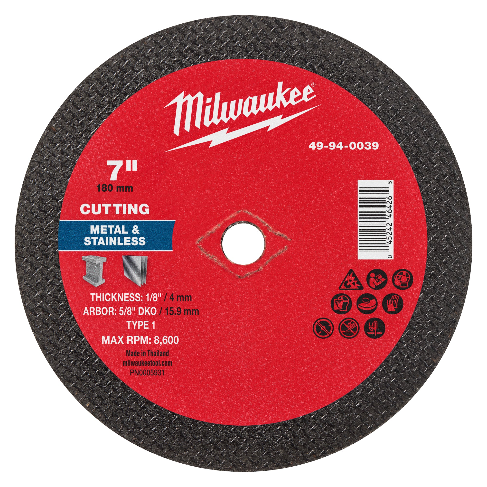 Milwaukee 49-94-0039 7" x 1/8" x 5/8" DKO Metal Cut Off Wheel -Type 1 - Ace Tool Group - Milwaukee Tool