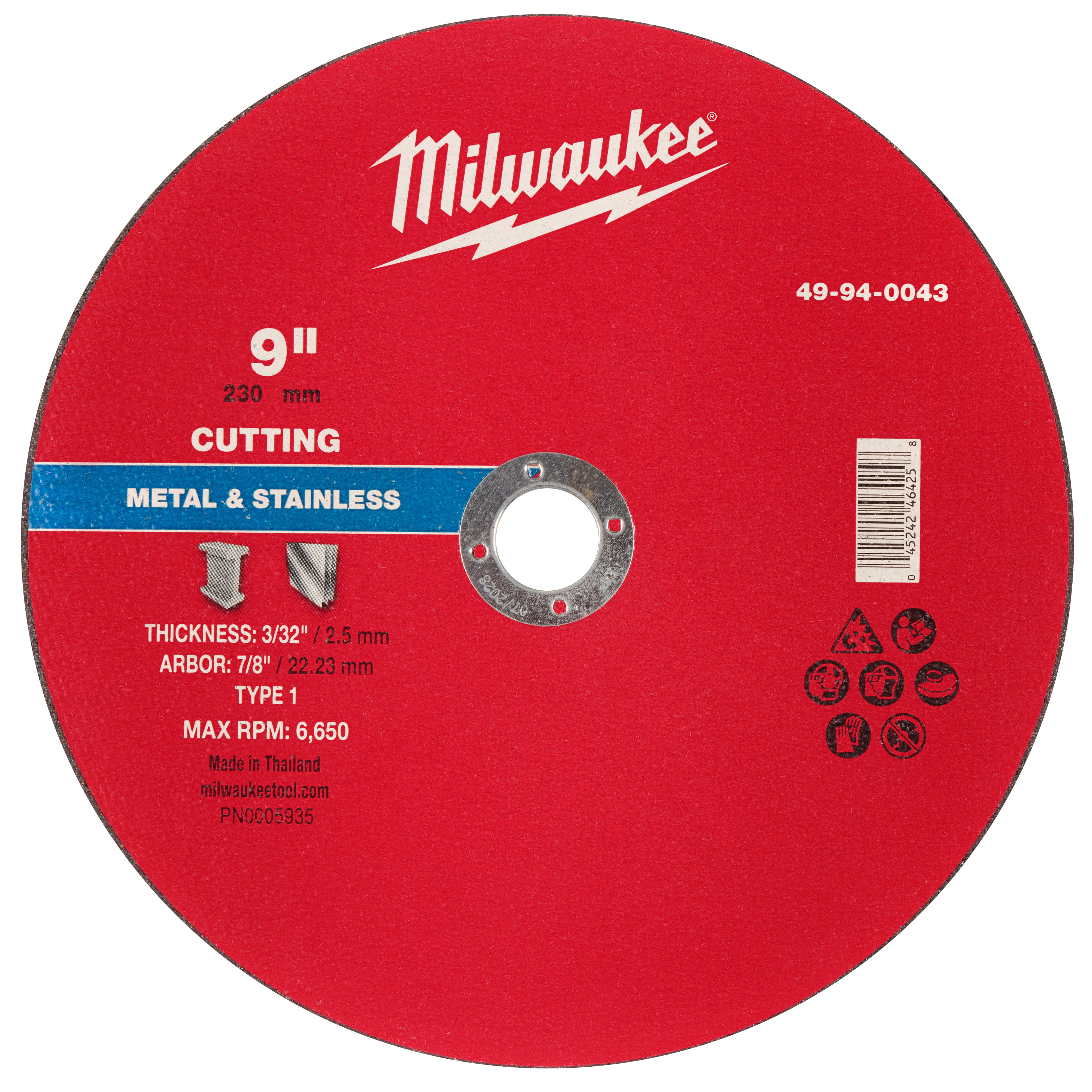 Milwaukee 49-94-0043 9" x 3/32" x 7/8" Metal Cut Off Wheel -Type 1 - Ace Tool Group - Milwaukee Tool