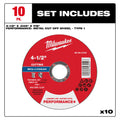 Milwaukee 49-94-0101 4-1/2" x .045" x 7/8" Performance+ Metal Cut Off Wheel - Type 1 - 10pk - Ace Tool Group - Milwaukee Tool