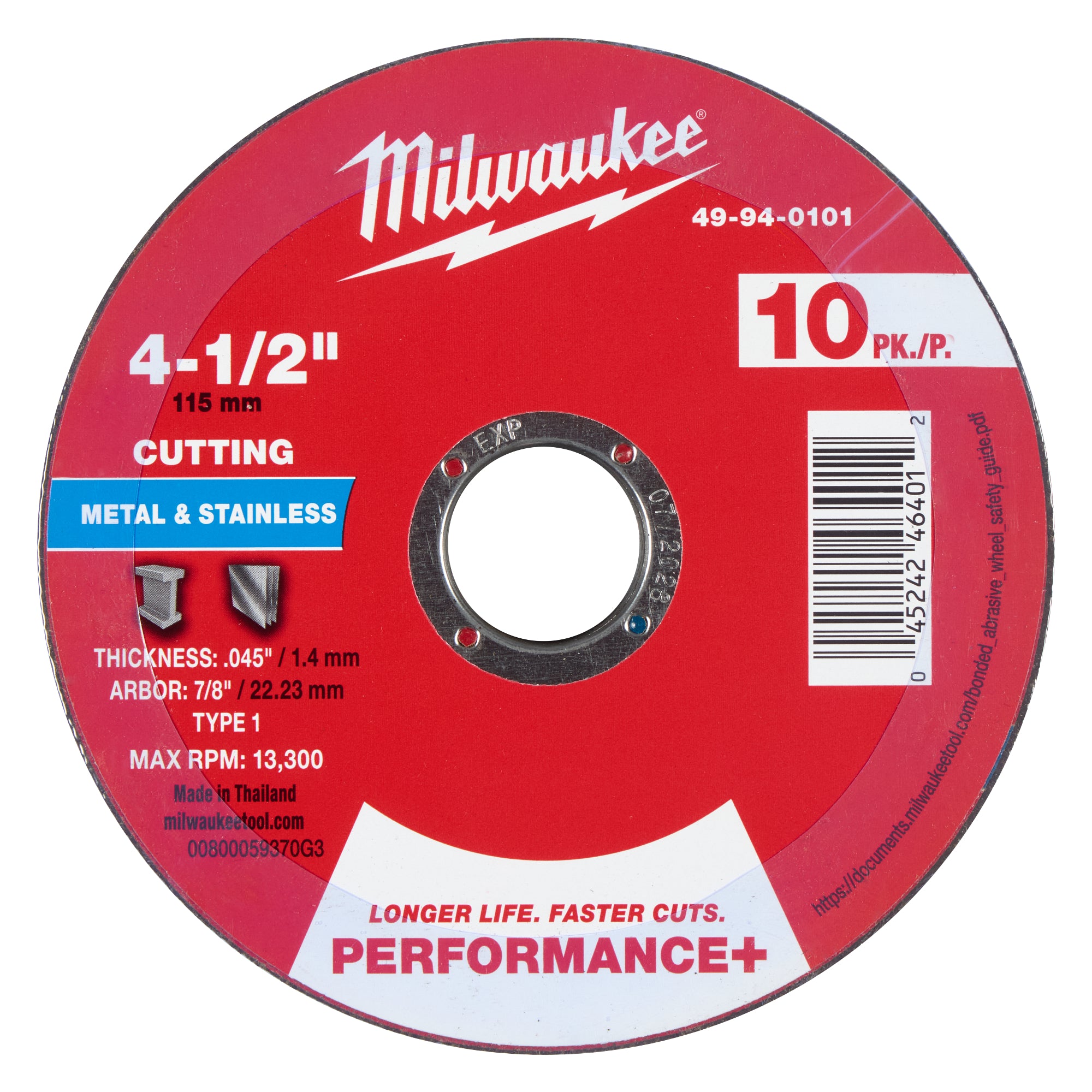 Milwaukee 49-94-0101 4-1/2" x .045" x 7/8" Performance+ Metal Cut Off Wheel - Type 1 - 10pk - Ace Tool Group - Milwaukee Tool