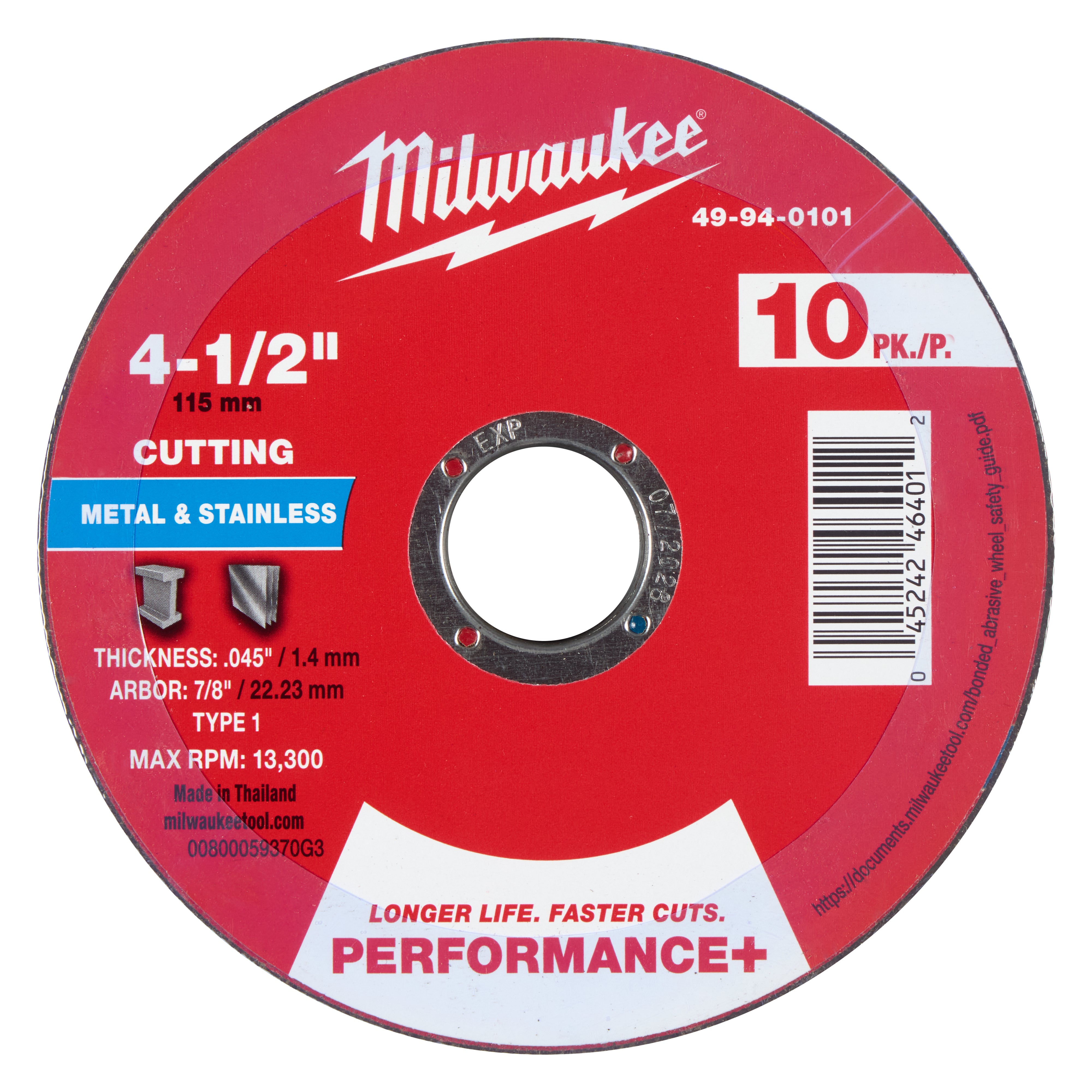 Milwaukee 49-94-0101 4-1/2" x .045" x 7/8" Performance+ Metal Cut Off Wheel - Type 1 - 10pk - Ace Tool Group - Milwaukee Tool