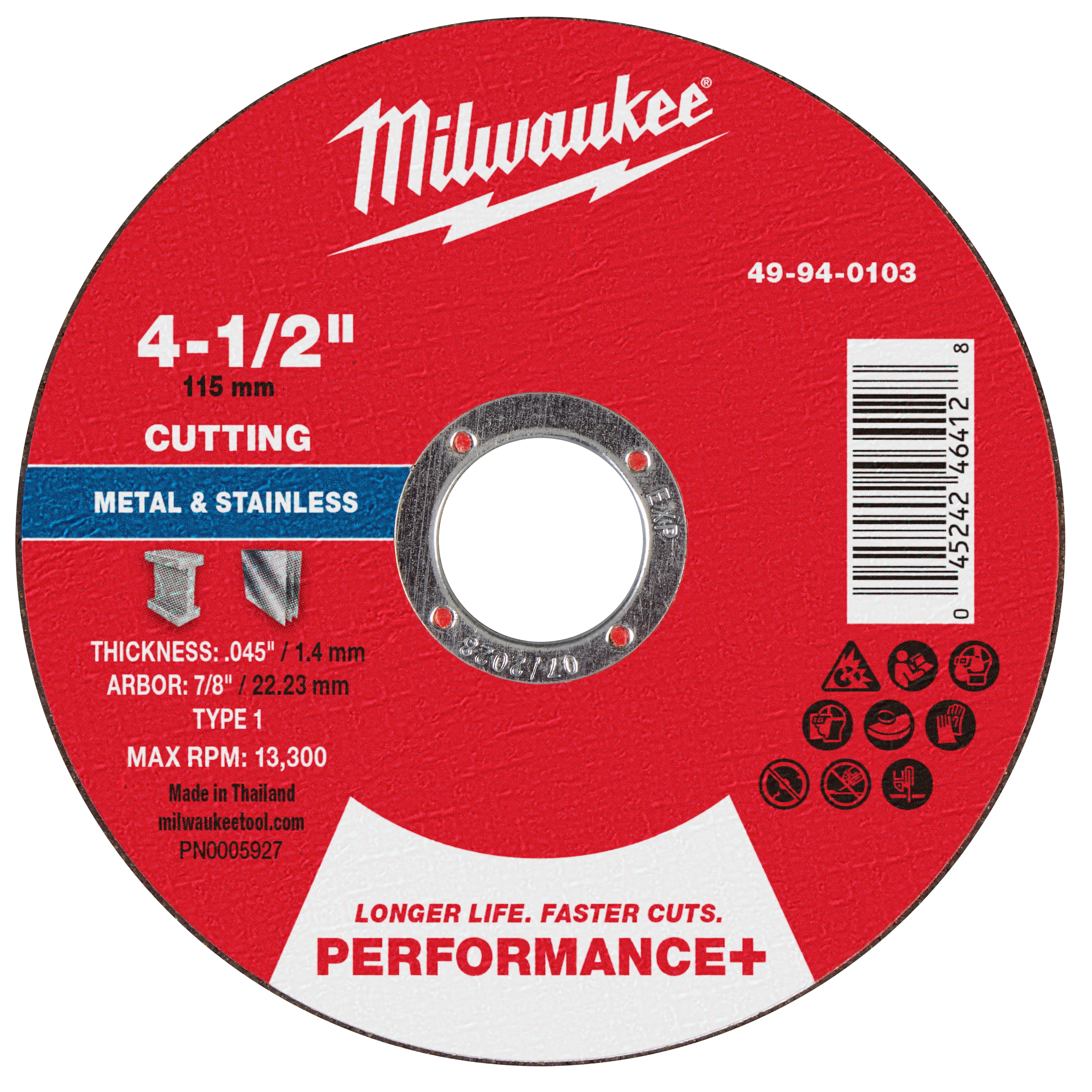 Milwaukee 49-94-0103 4-1/2" x .045" x 7/8" Performance+ Metal Cut Off Wheel - Type 1 - Ace Tool Group - Milwaukee Tool