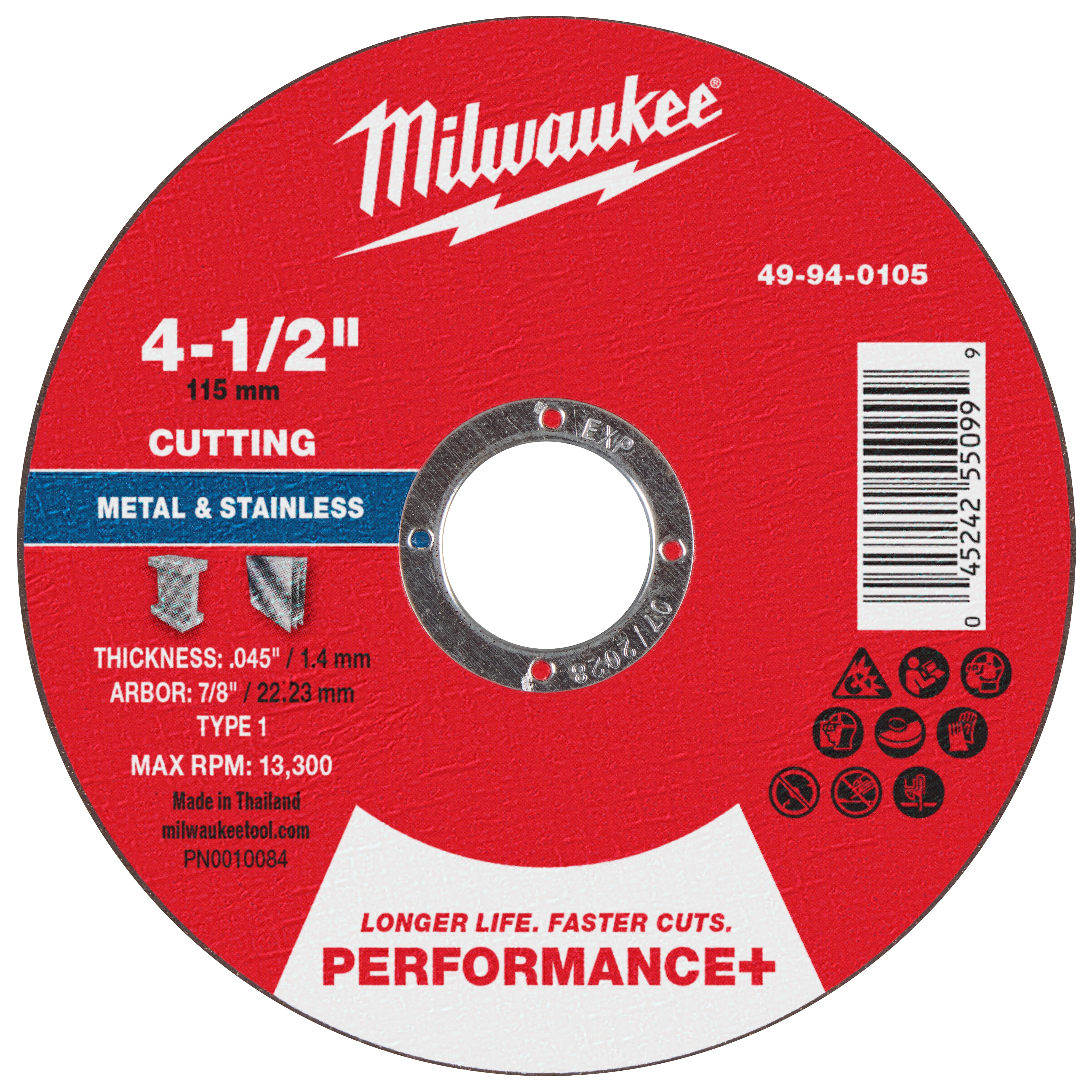 Milwaukee 49-94-0105 4-1/2" x .045" x 7/8" Performance+ Metal Cut Off Wheel - Type 1 - Ace Tool Group - Milwaukee Tool