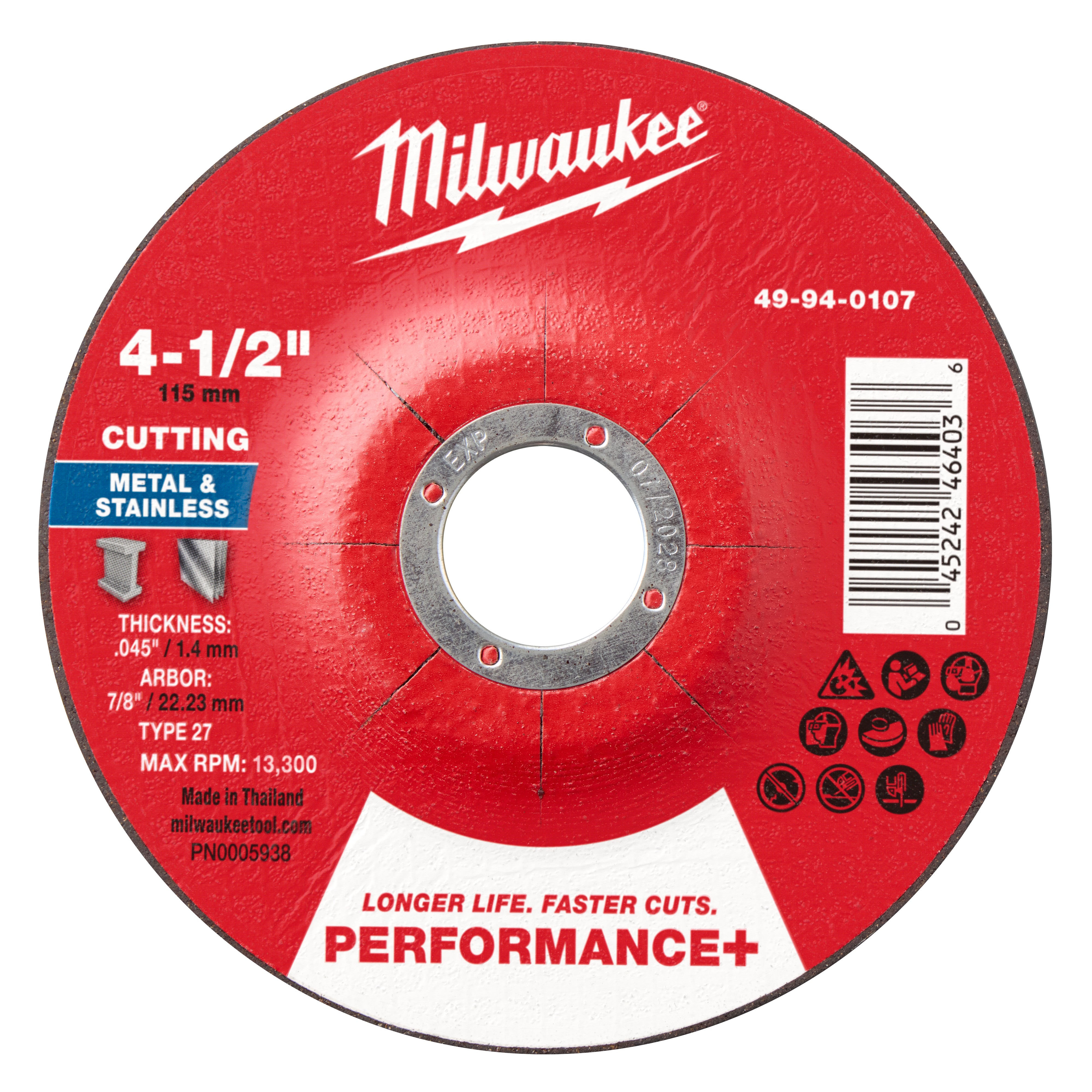 Milwaukee 49-94-0107 4-1/2" x .045" x 7/8" Performance+ Metal Cut Off Wheel - Type 27 - Ace Tool Group - Milwaukee Tool