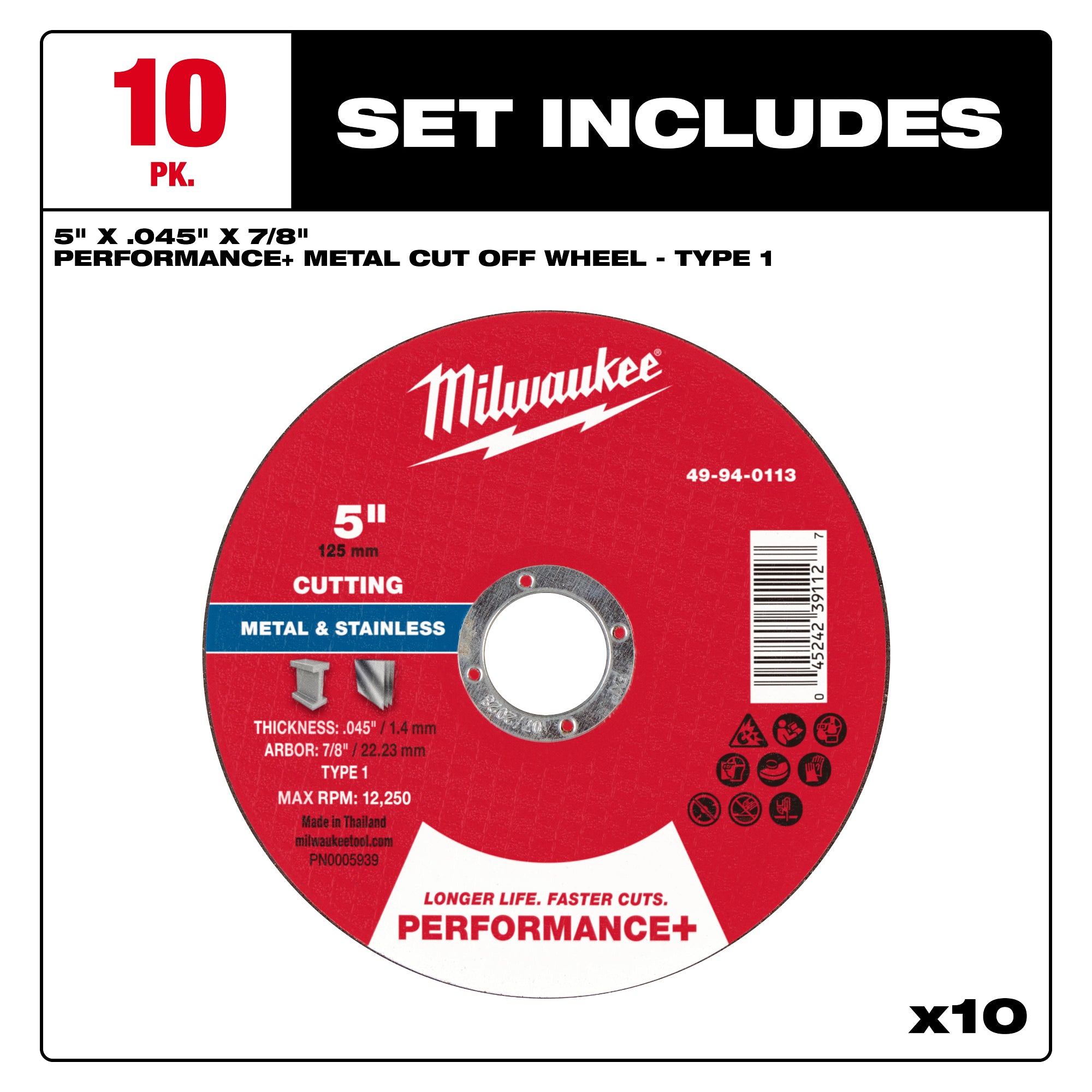 Milwaukee 49-94-0111 5" x .045" x 7/8" Performance+ Metal Cut Off Wheel - Type 1 - 10pk - Ace Tool Group - Milwaukee Tool