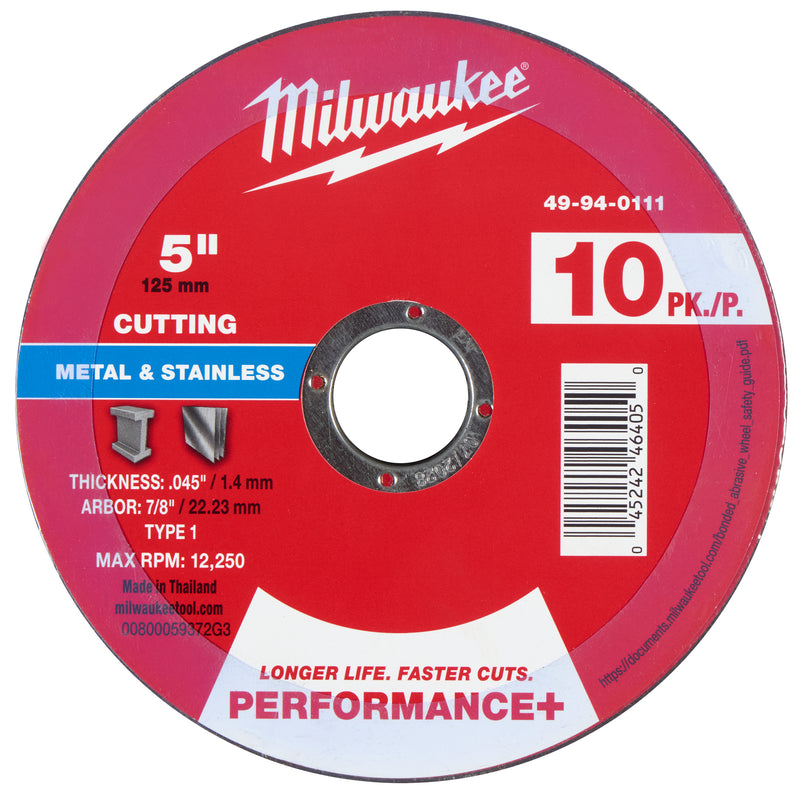 Milwaukee 49-94-0111 5" x .045" x 7/8" Performance+ Metal Cut Off Wheel - Type 1 - 10pk - Ace Tool Group - Milwaukee Tool
