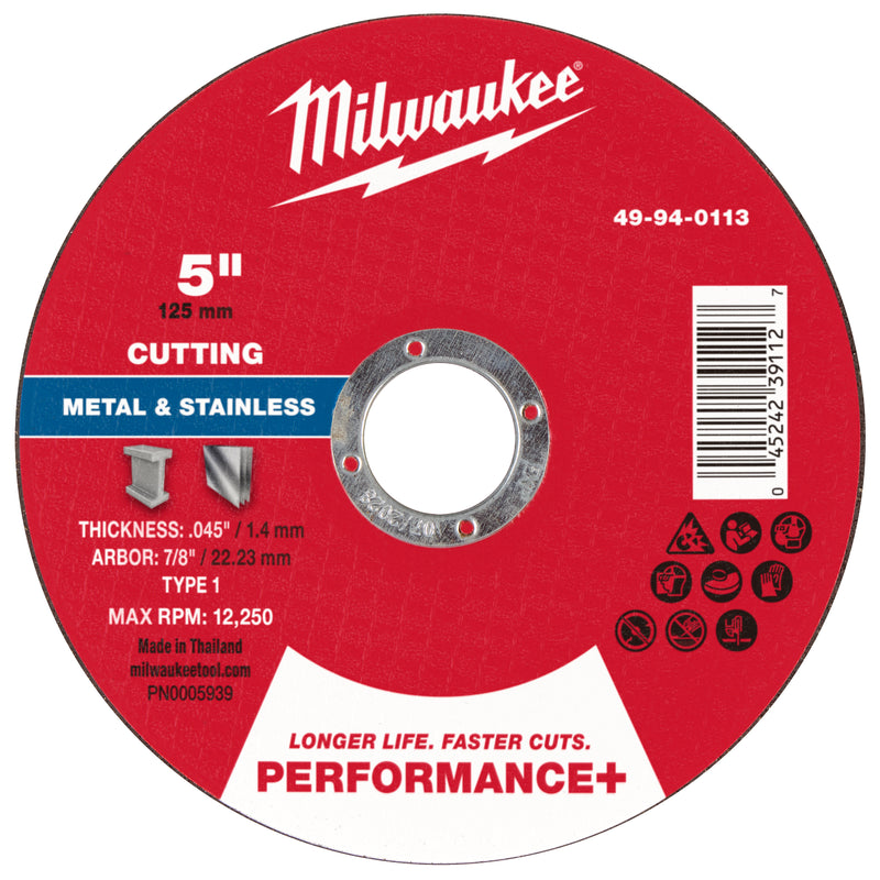 Milwaukee 49-94-0113 5" x .045" x 7/8" Performance+ Metal Cut Off Wheel - Type 1 - Ace Tool Group - Milwaukee Tool