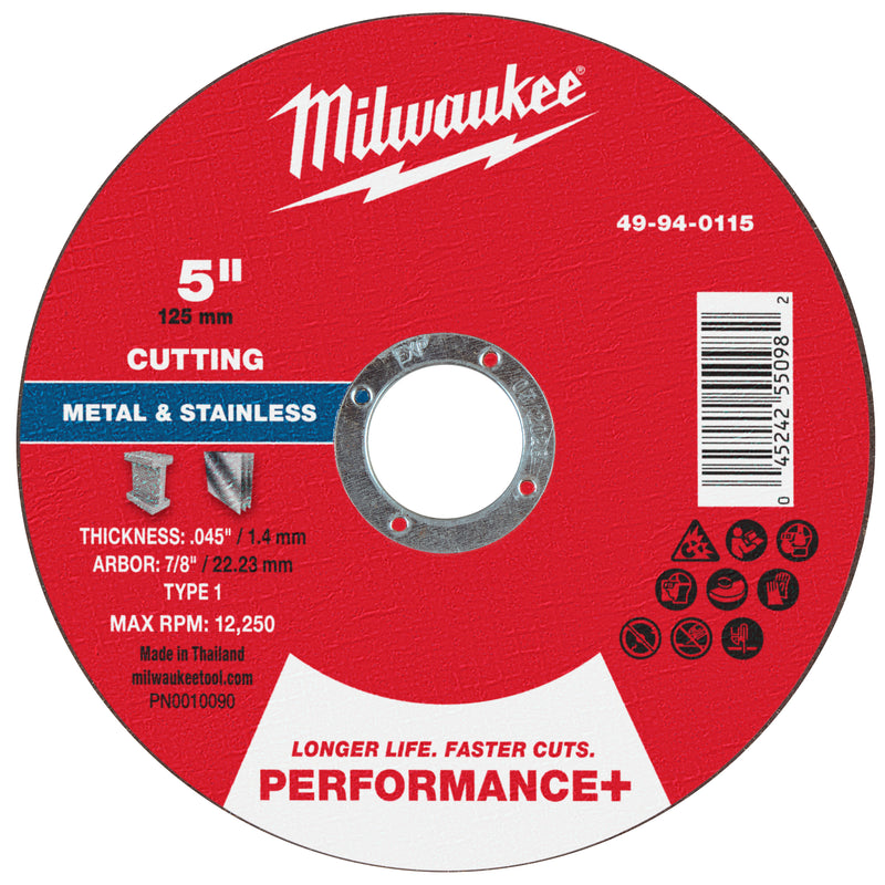Milwaukee 49-94-0115 5" x .045" x 7/8" Performance+ Metal Cut Off Wheel - Type 1 - Ace Tool Group - Milwaukee Tool