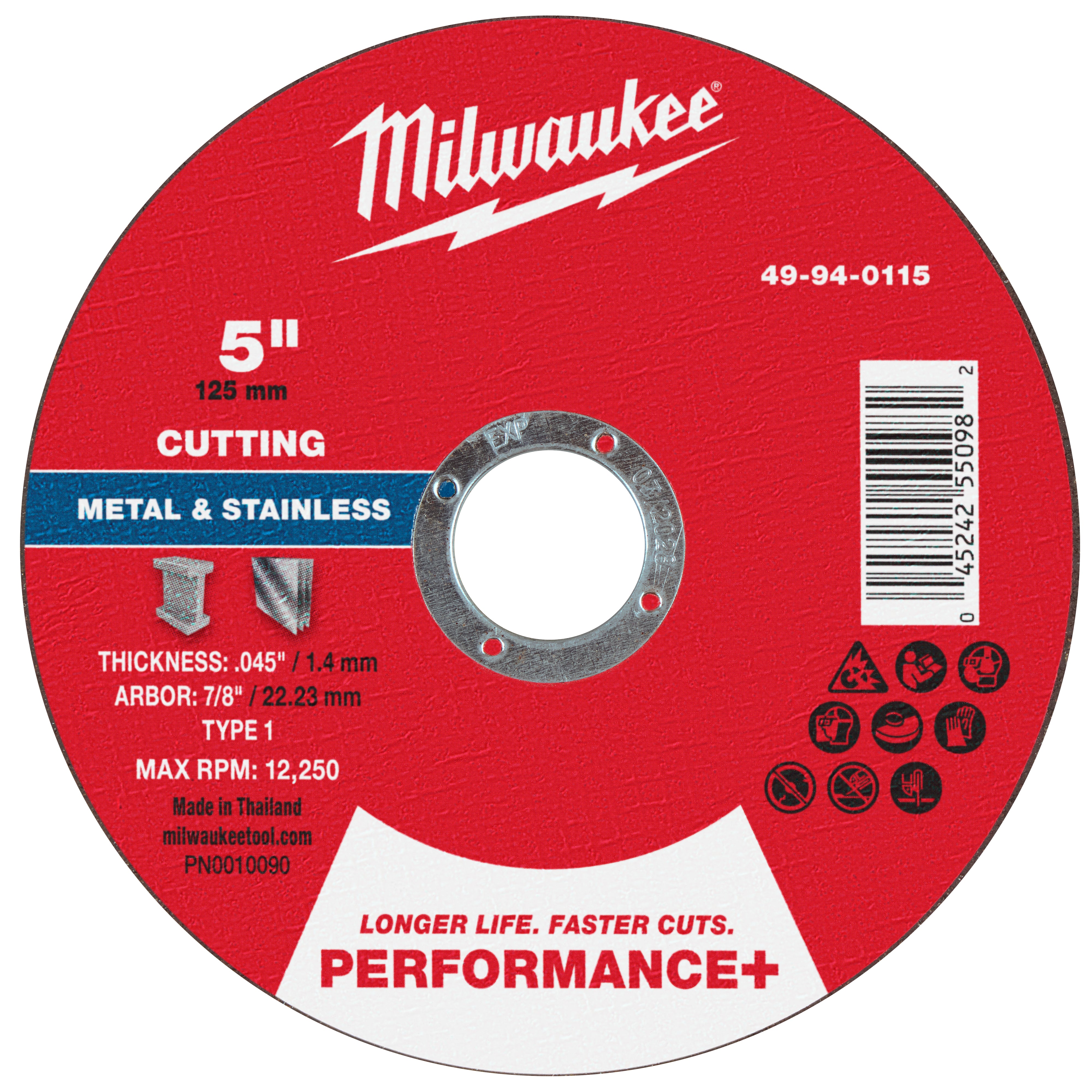 Milwaukee 49-94-0115 5" x .045" x 7/8" Performance+ Metal Cut Off Wheel - Type 1 - Ace Tool Group - Milwaukee Tool