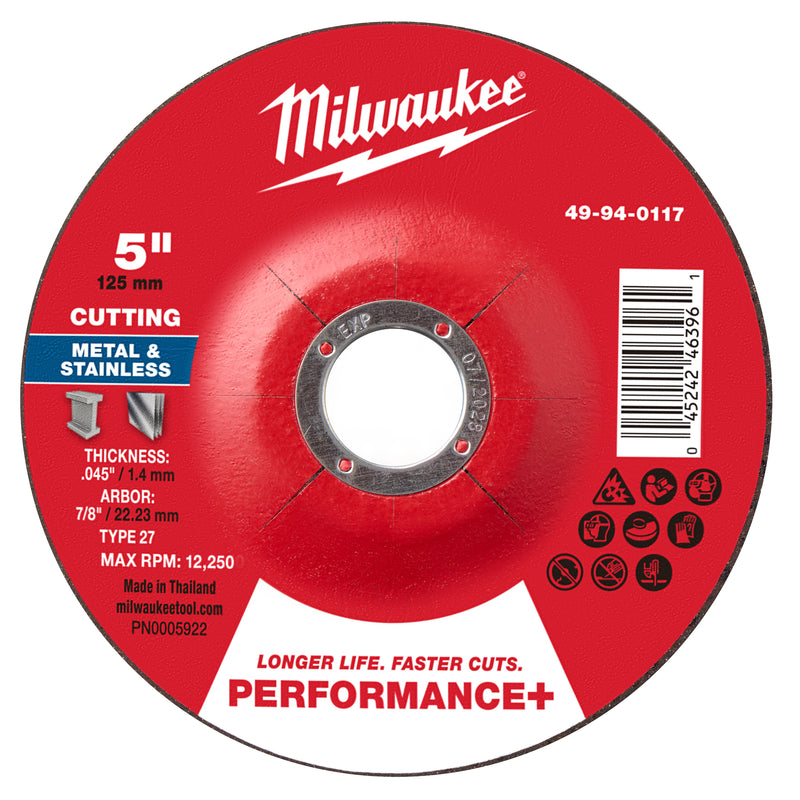 Milwaukee 49-94-0117 5" x .045" x 7/8" Performance+ Metal Cut Off Wheel - Type 27 - Ace Tool Group - Milwaukee Tool
