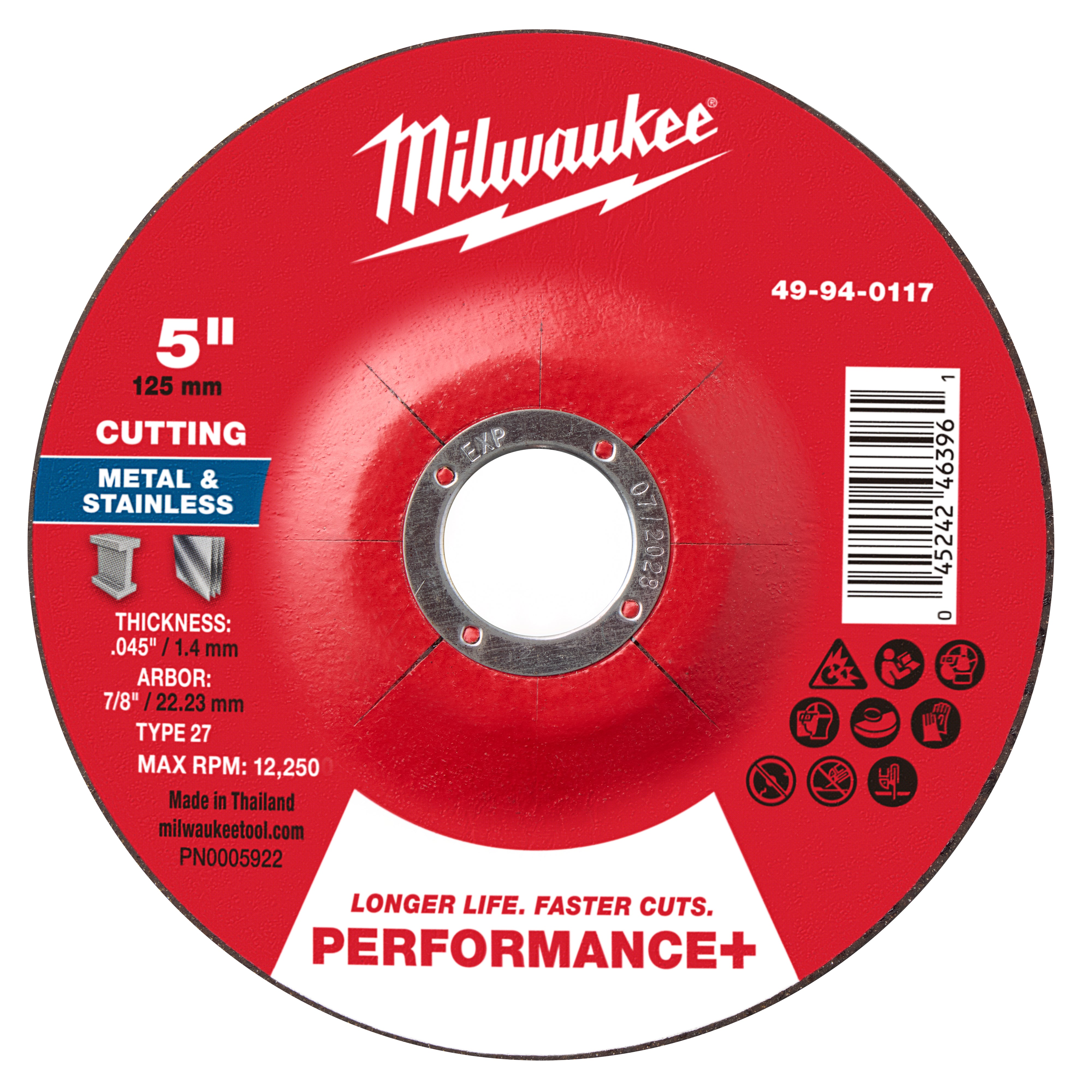 Milwaukee 49-94-0117 5" x .045" x 7/8" Performance+ Metal Cut Off Wheel - Type 27 - Ace Tool Group - Milwaukee Tool