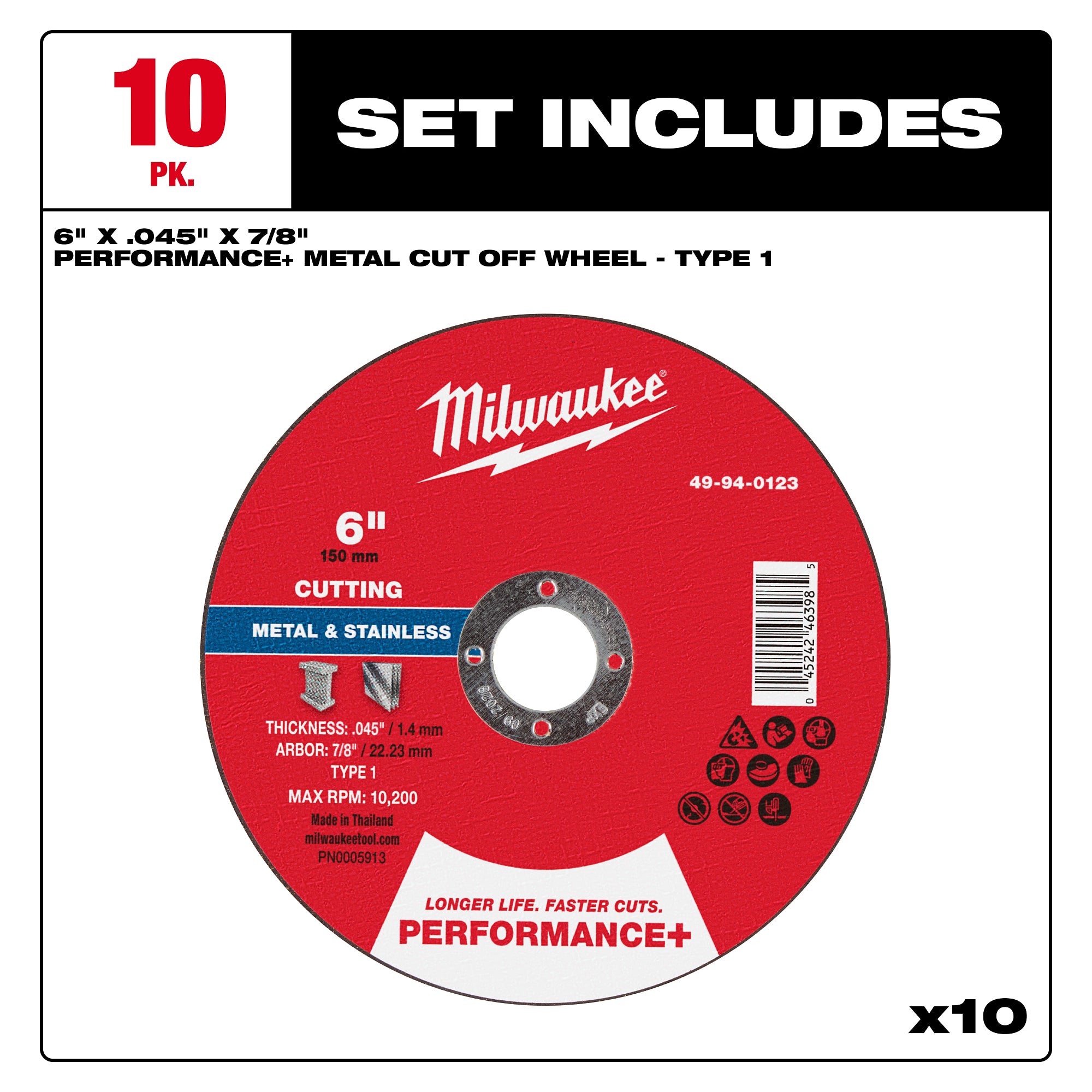 Milwaukee 49-94-0121 6" x .045" x 7/8" Performance+ Metal Cut Off Wheel - Type 1 - Ace Tool Group - Milwaukee Tool