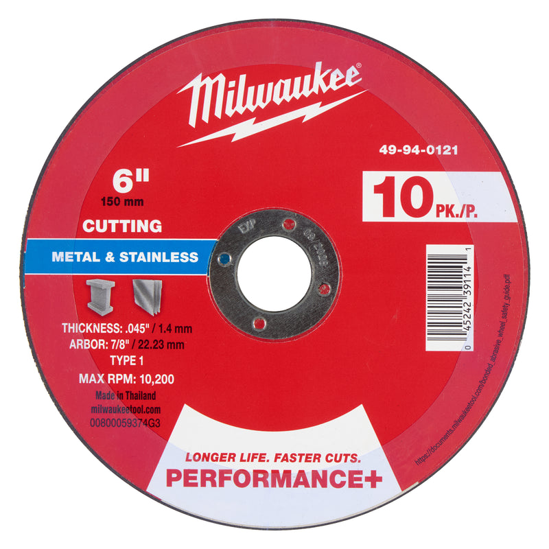 Milwaukee 49-94-0121 6" x .045" x 7/8" Performance+ Metal Cut Off Wheel - Type 1 - Ace Tool Group - Milwaukee Tool