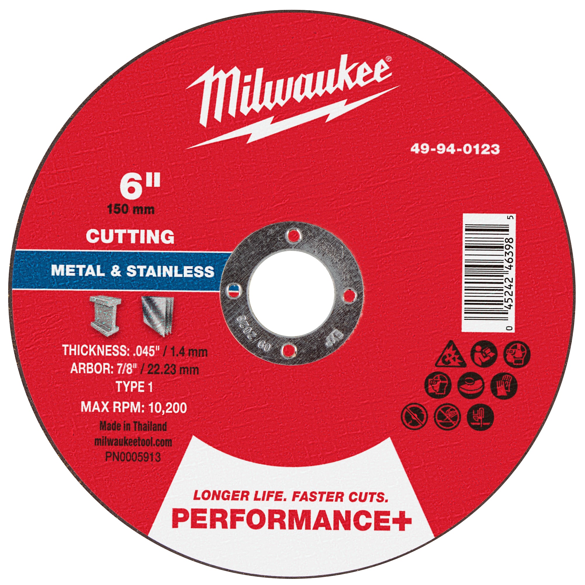 Milwaukee 49-94-0123 6" x .045" x 7/8" Performance+ Metal Cut Off Wheel - Type 1 - Ace Tool Group - Milwaukee Tool