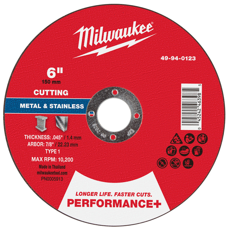 Milwaukee 49-94-0123 6" x .045" x 7/8" Performance+ Metal Cut Off Wheel - Type 1 - Ace Tool Group - Milwaukee Tool
