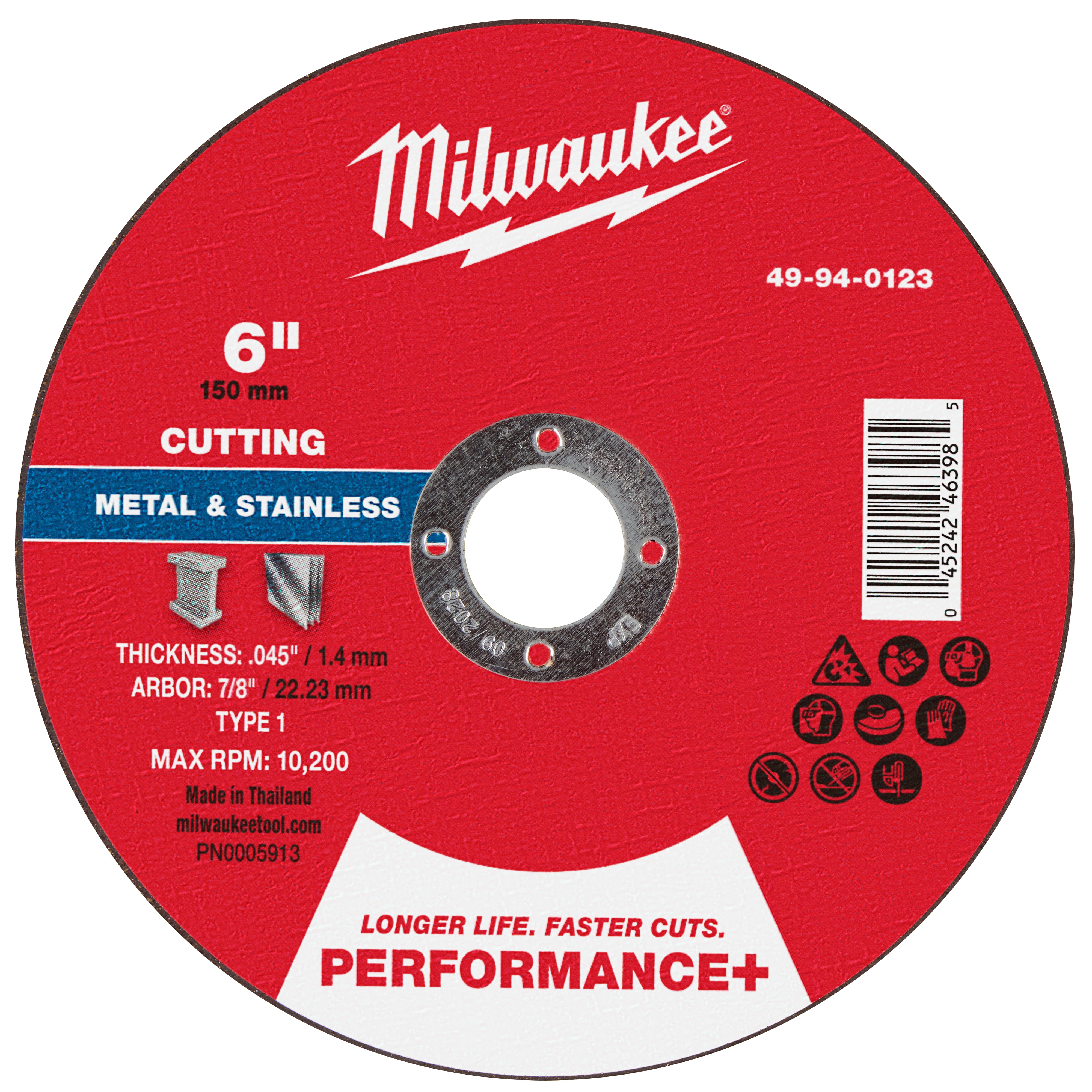 Milwaukee 49-94-0123 6" x .045" x 7/8" Performance+ Metal Cut Off Wheel - Type 1 - Ace Tool Group - Milwaukee Tool