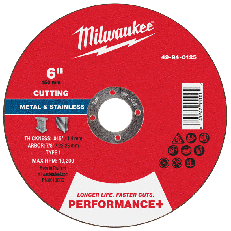 Milwaukee 49-94-0125 6" x .045" x 7/8" Performance+ Metal Cut Off Wheel - Type 1 - Ace Tool Group - Milwaukee Tool