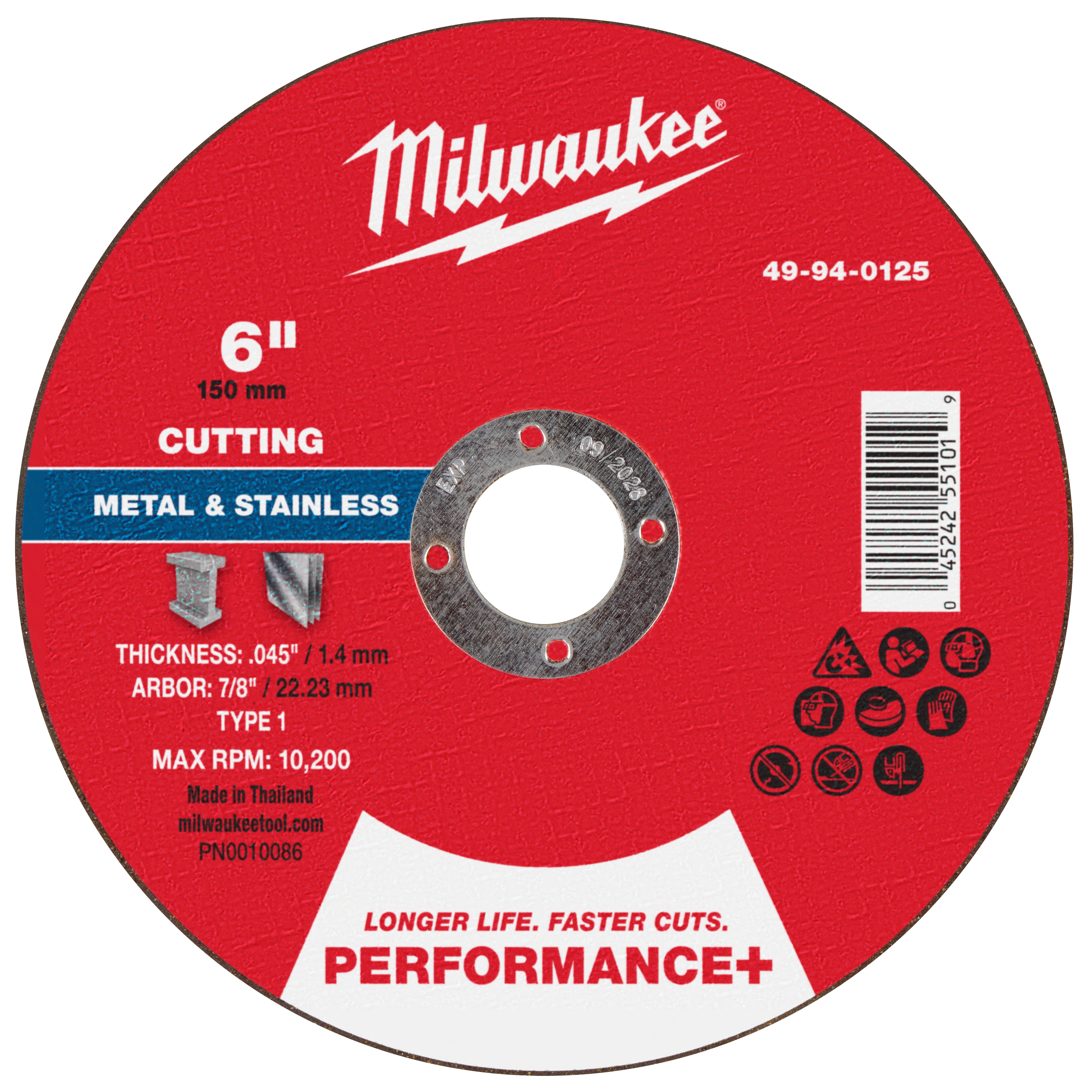 Milwaukee 49-94-0125 6" x .045" x 7/8" Performance+ Metal Cut Off Wheel - Type 1 - Ace Tool Group - Milwaukee Tool