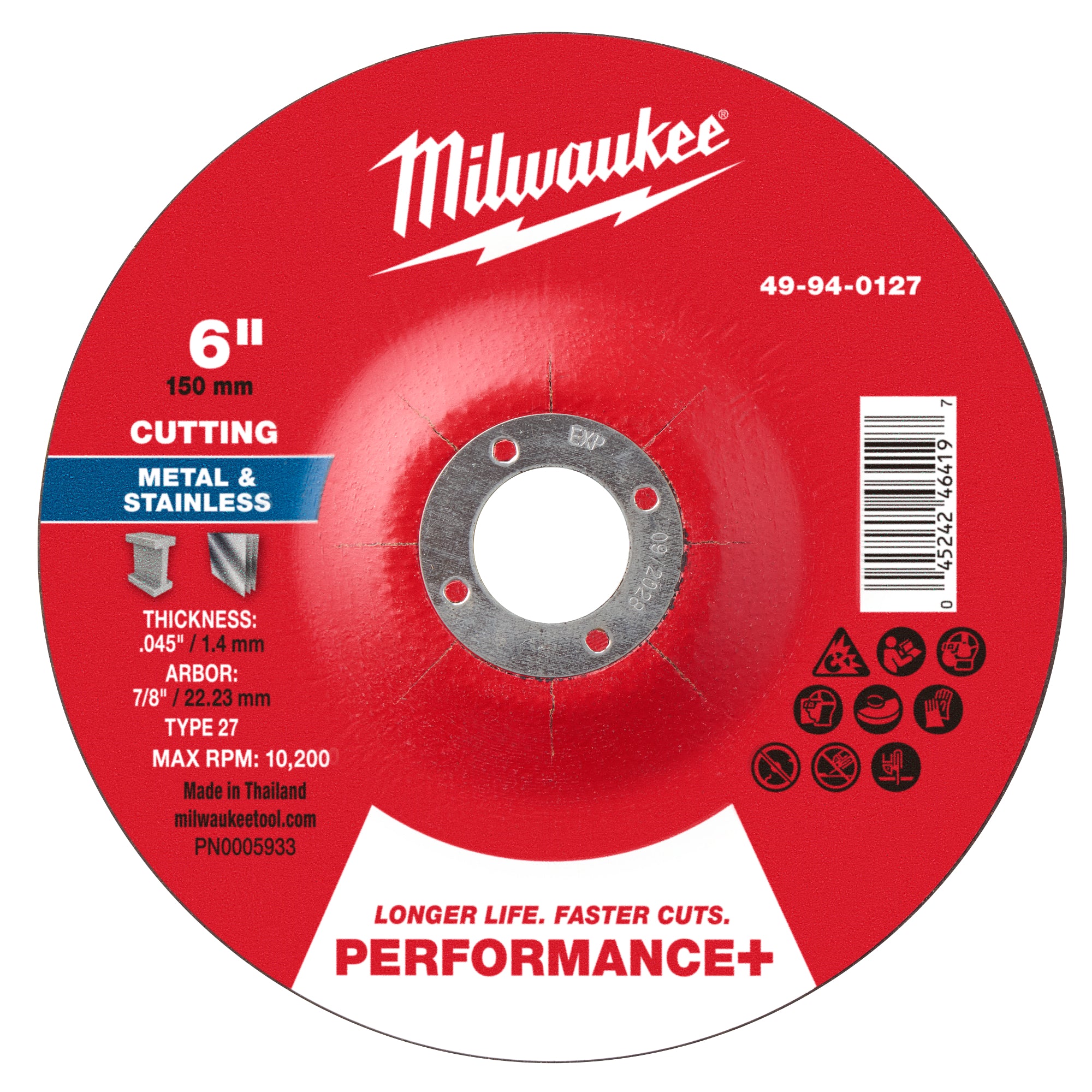 Milwaukee 49-94-0127 6" x .045" x 7/8" Performance+ Metal Cut Off Wheel - Type 27 - Ace Tool Group - Milwaukee Tool
