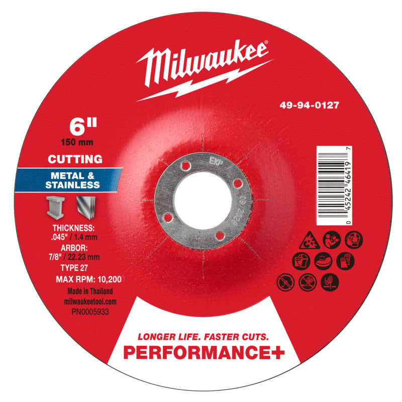 Milwaukee 49-94-0127 6" x .045" x 7/8" Performance+ Metal Cut Off Wheel - Type 27 - Ace Tool Group - Milwaukee Tool