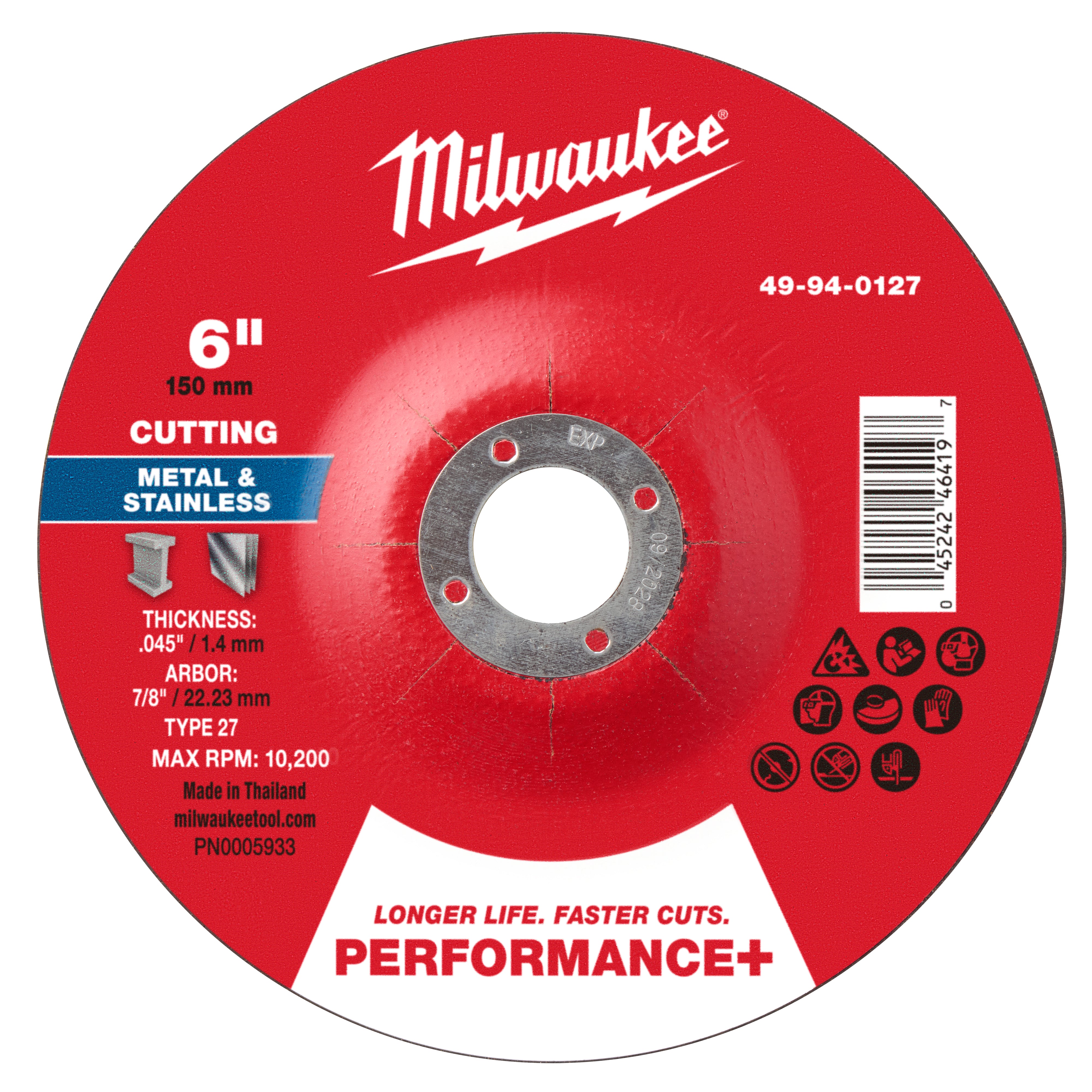 Milwaukee 49-94-0127 6" x .045" x 7/8" Performance+ Metal Cut Off Wheel - Type 27 - Ace Tool Group - Milwaukee Tool