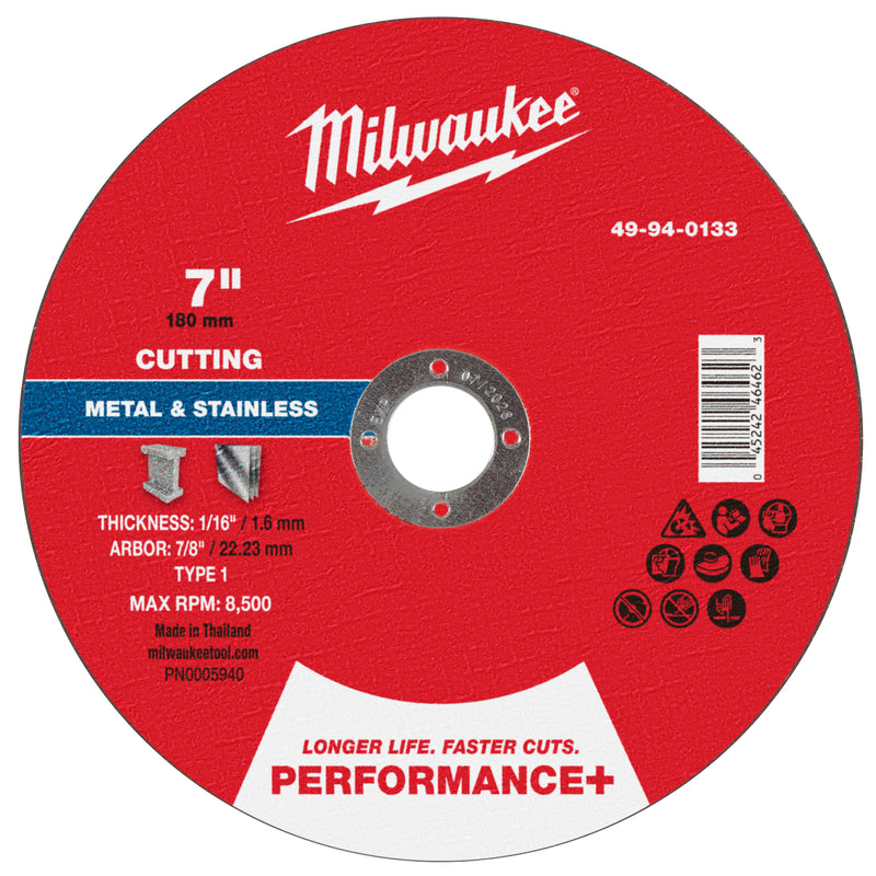 Milwaukee 49-94-0133 7" x 1/16" x 7/8" Performance+ Metal Cut Off Wheel - Type 1 - Ace Tool Group - Milwaukee Tool