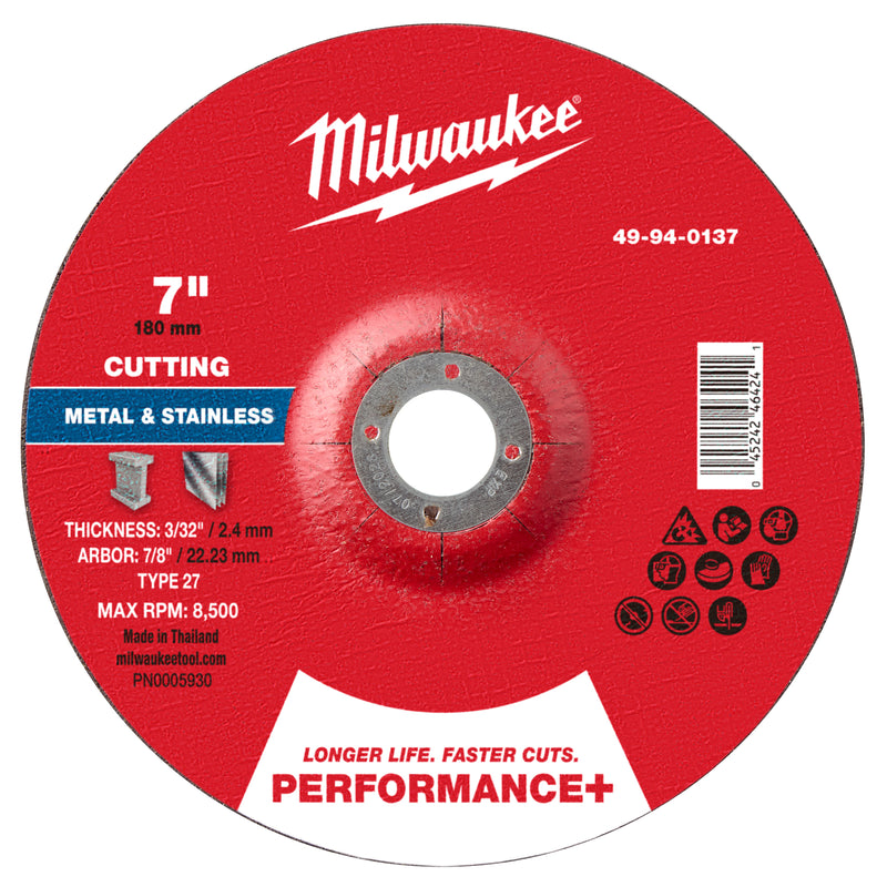 Milwaukee 49-94-0137 7" x 3/32" x 7/8" Performance+ Metal Cut Off Wheel - Type 27 - Ace Tool Group - Milwaukee Tool
