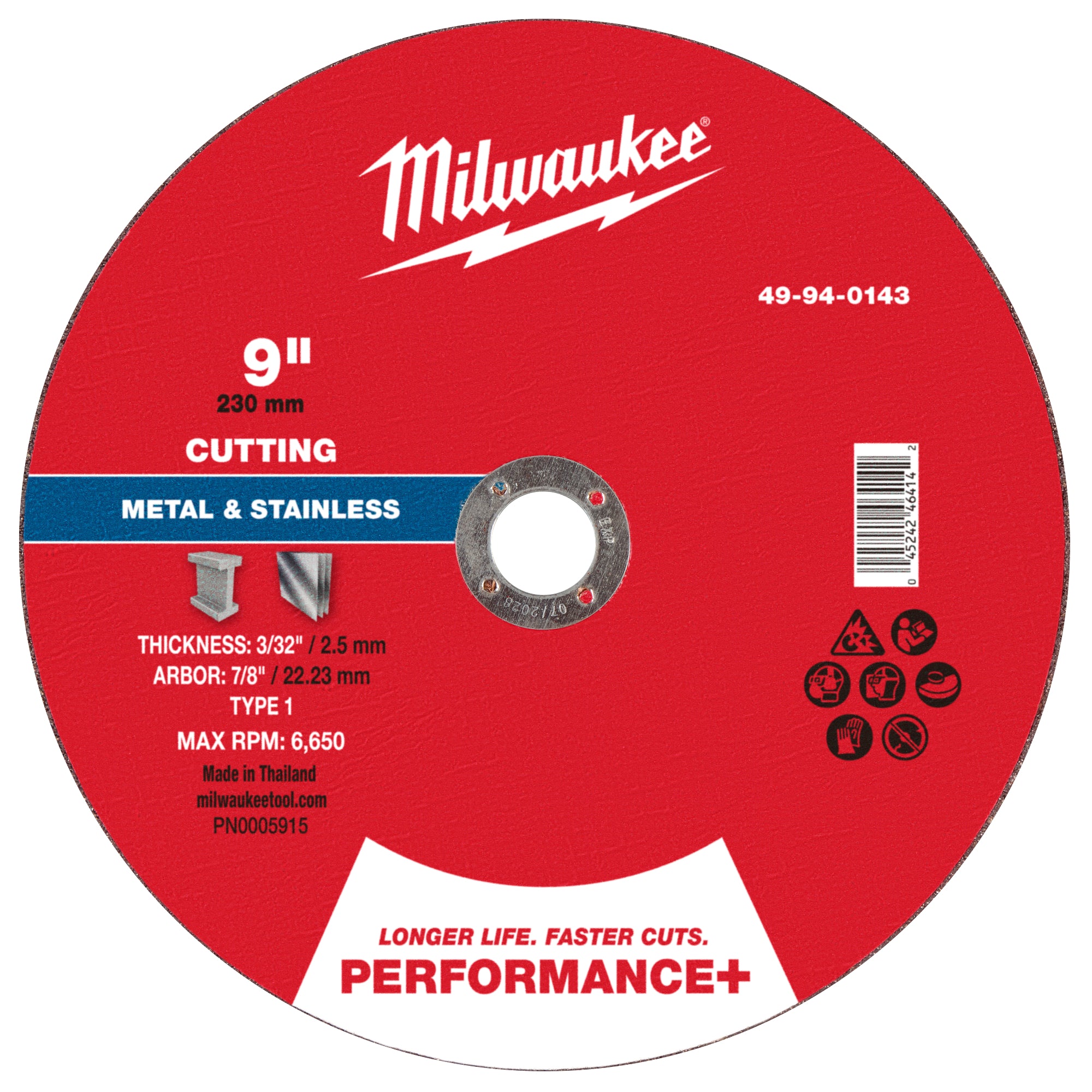 Milwaukee 49-94-0143 9" x 3/32" x 7/8" Performance+ Metal Cut Off Wheel - Type 1 - Ace Tool Group - Milwaukee Tool