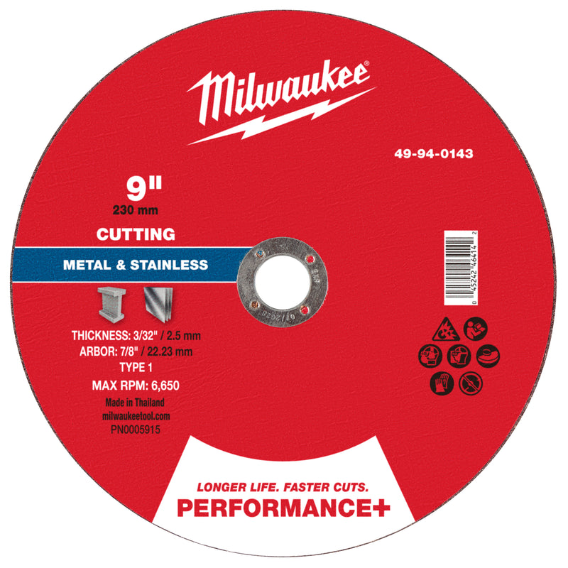 Milwaukee 49-94-0143 9" x 3/32" x 7/8" Performance+ Metal Cut Off Wheel - Type 1 - Ace Tool Group - Milwaukee Tool