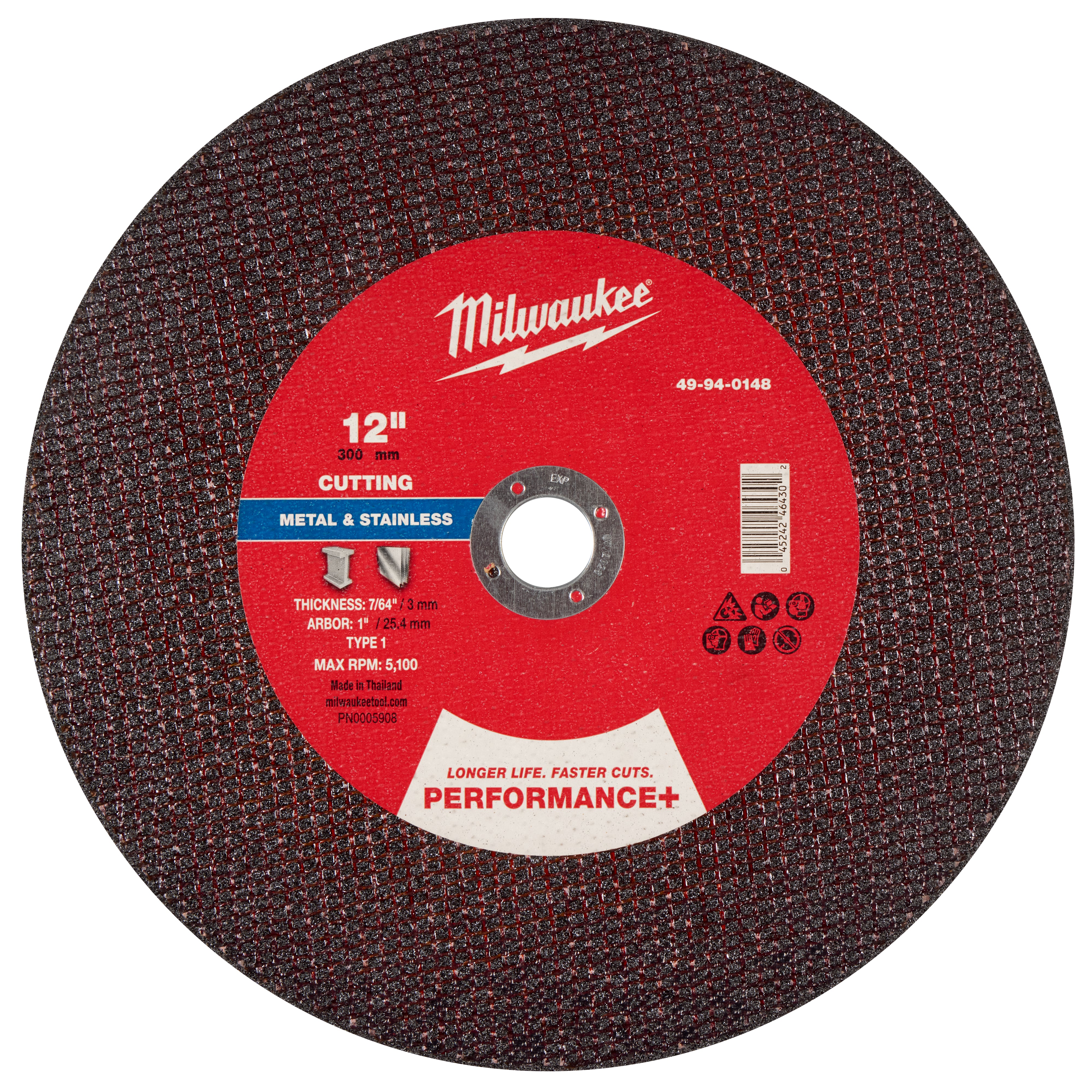Milwaukee 49-94-0148 12" x 7/64" x 1" Performance+ Metal Cut Off Wheel - Type 1 - Ace Tool Group - Milwaukee Tool