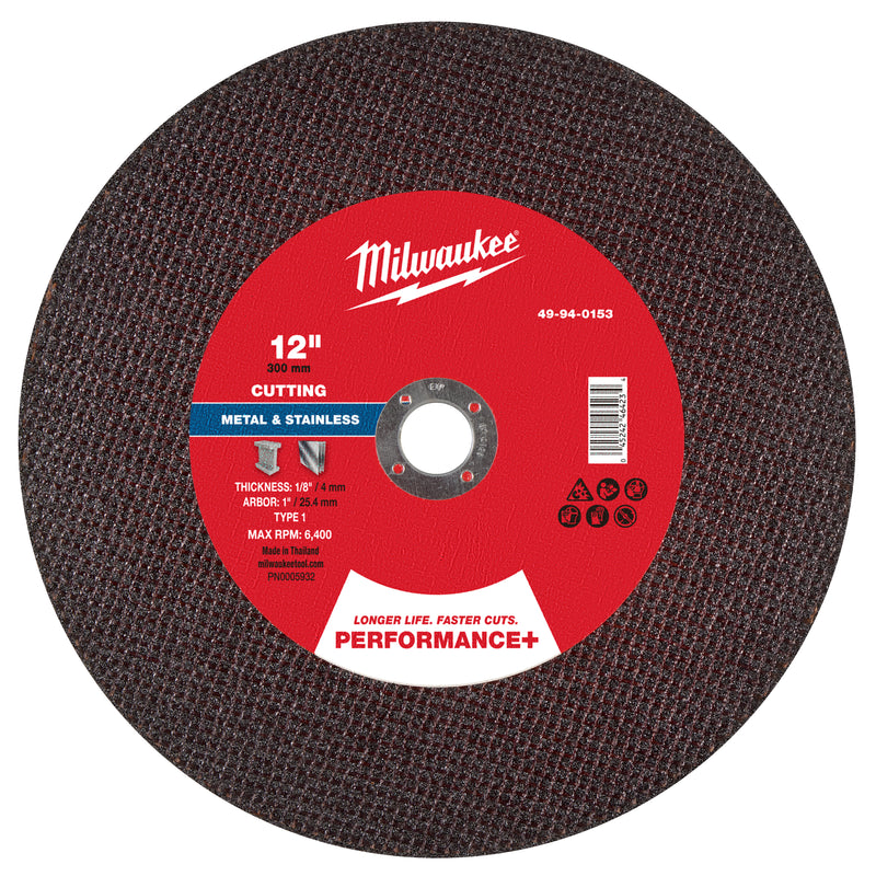 Milwaukee 49-94-0153 12" x 1/8" x 1" Performance+ Metal Cut Off Wheel - Type 1 - Ace Tool Group - Milwaukee Tool