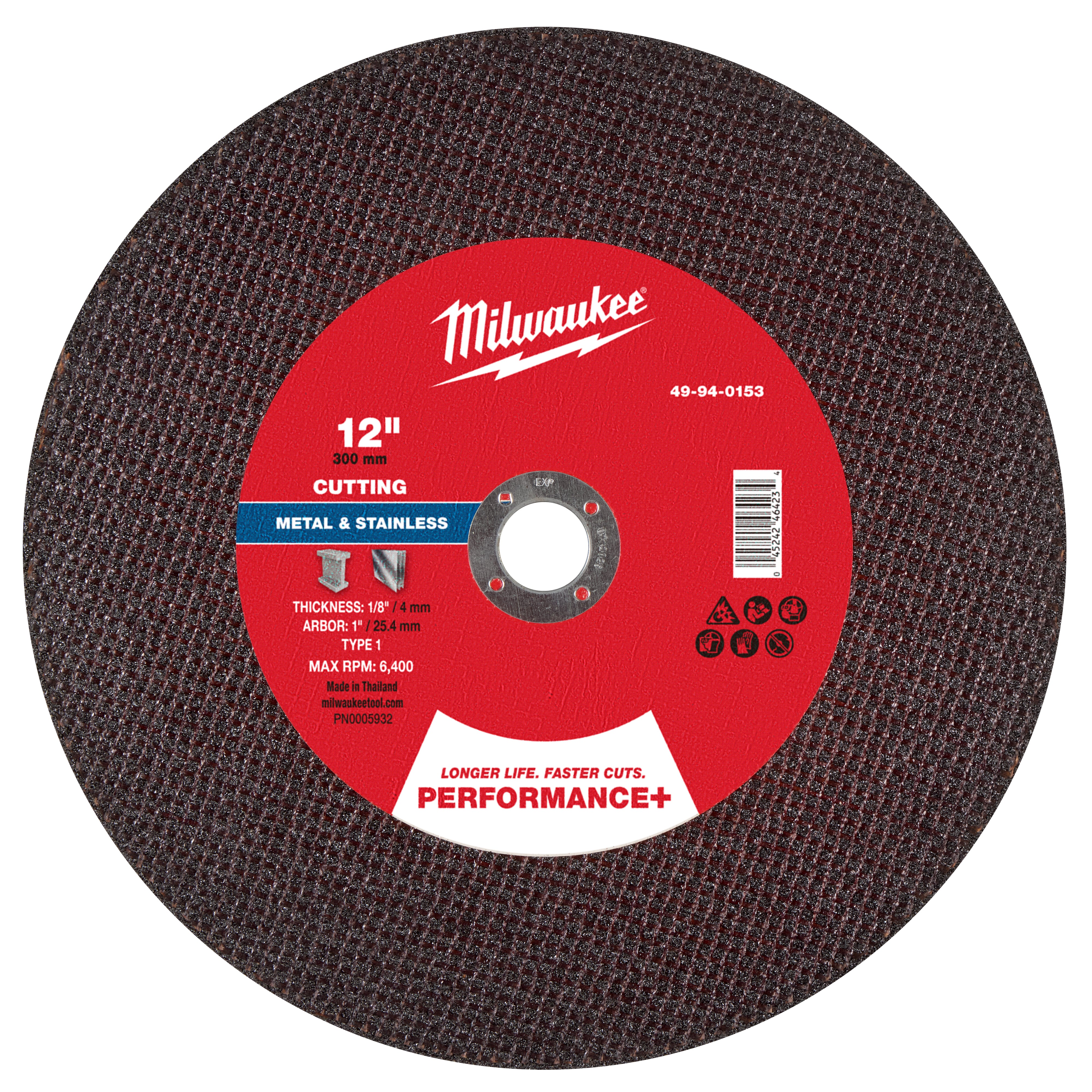 Milwaukee 49-94-0153 12" x 1/8" x 1" Performance+ Metal Cut Off Wheel - Type 1 - Ace Tool Group - Milwaukee Tool