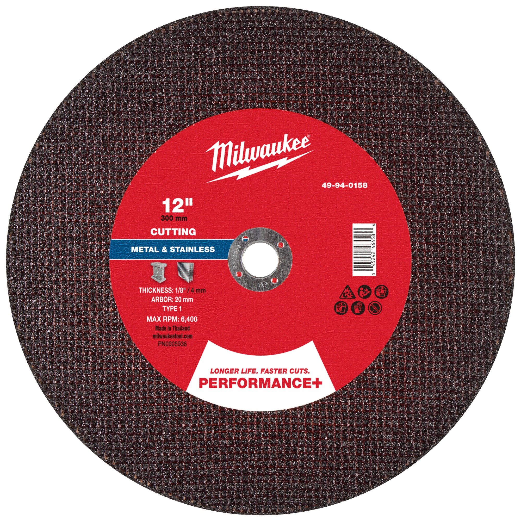 Milwaukee 49-94-0158 12" x 1/8" x 20mm Performance+ Metal Cut Off Wheel - Type 1 - Ace Tool Group - Milwaukee Tool