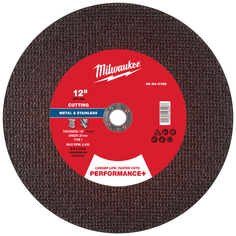 Milwaukee 49-94-0158 12" x 1/8" x 20mm Performance+ Metal Cut Off Wheel - Type 1 - Ace Tool Group - Milwaukee Tool