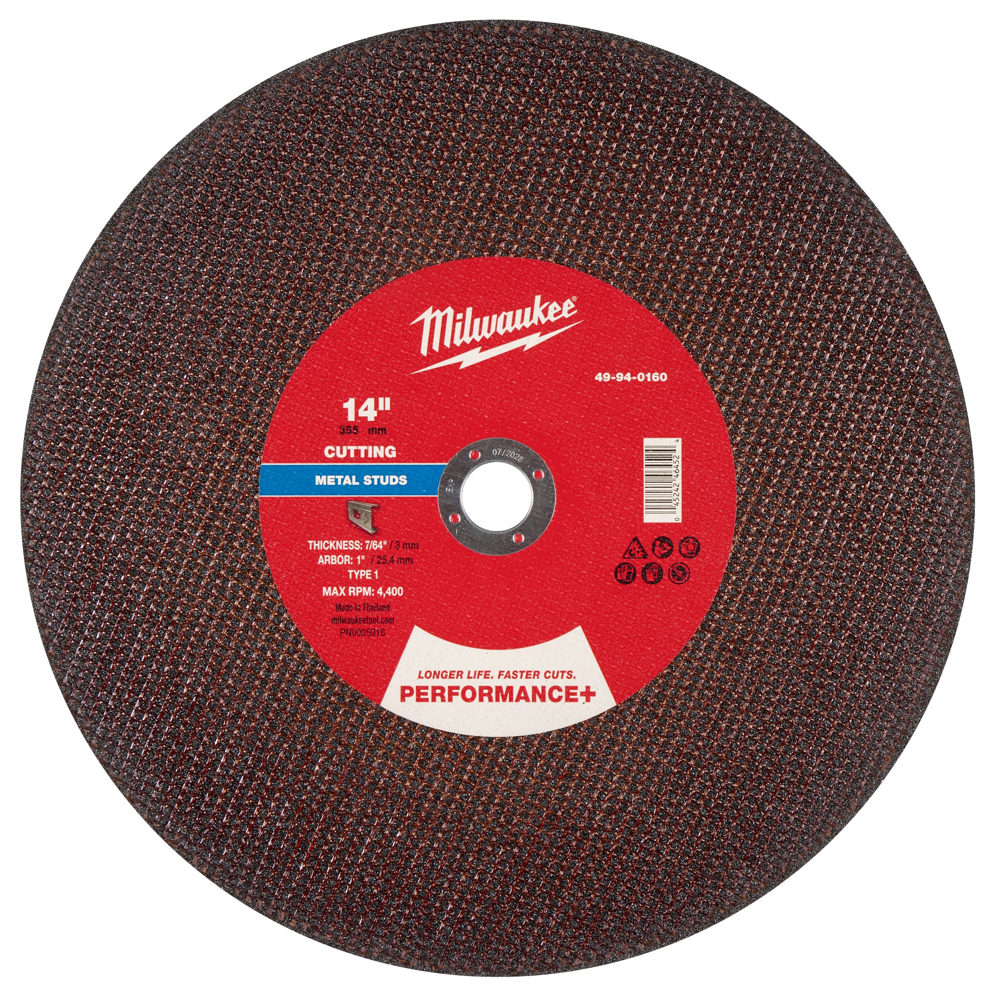 Milwaukee 49-94-0160 14" x 7/64" x 1" Performance+ Metal Cut Off Wheel - Type 1 - Stud Cutter - Ace Tool Group - Milwaukee Tool