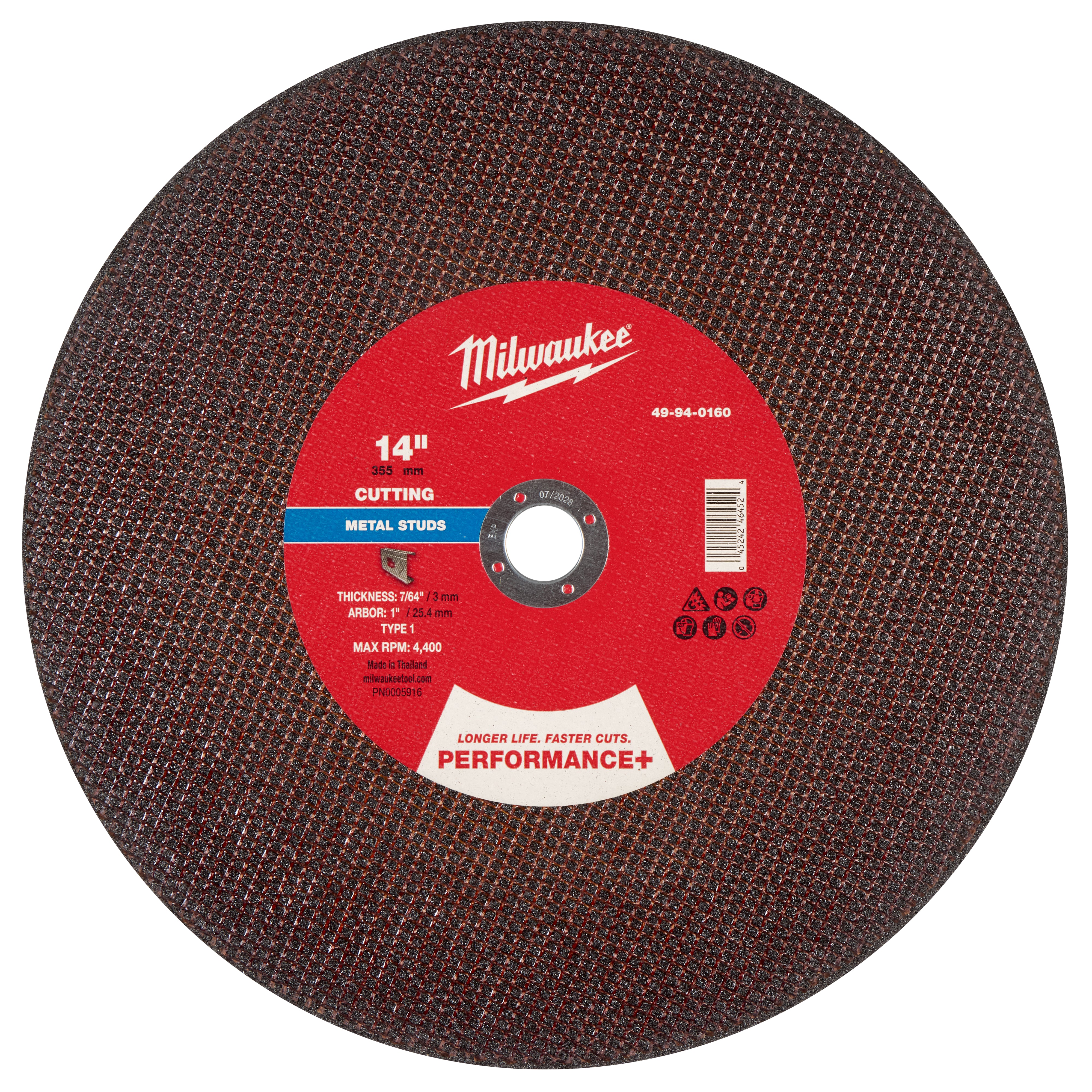Milwaukee 49-94-0160 14" x 7/64" x 1" Performance+ Metal Cut Off Wheel - Type 1 - Stud Cutter - Ace Tool Group - Milwaukee Tool