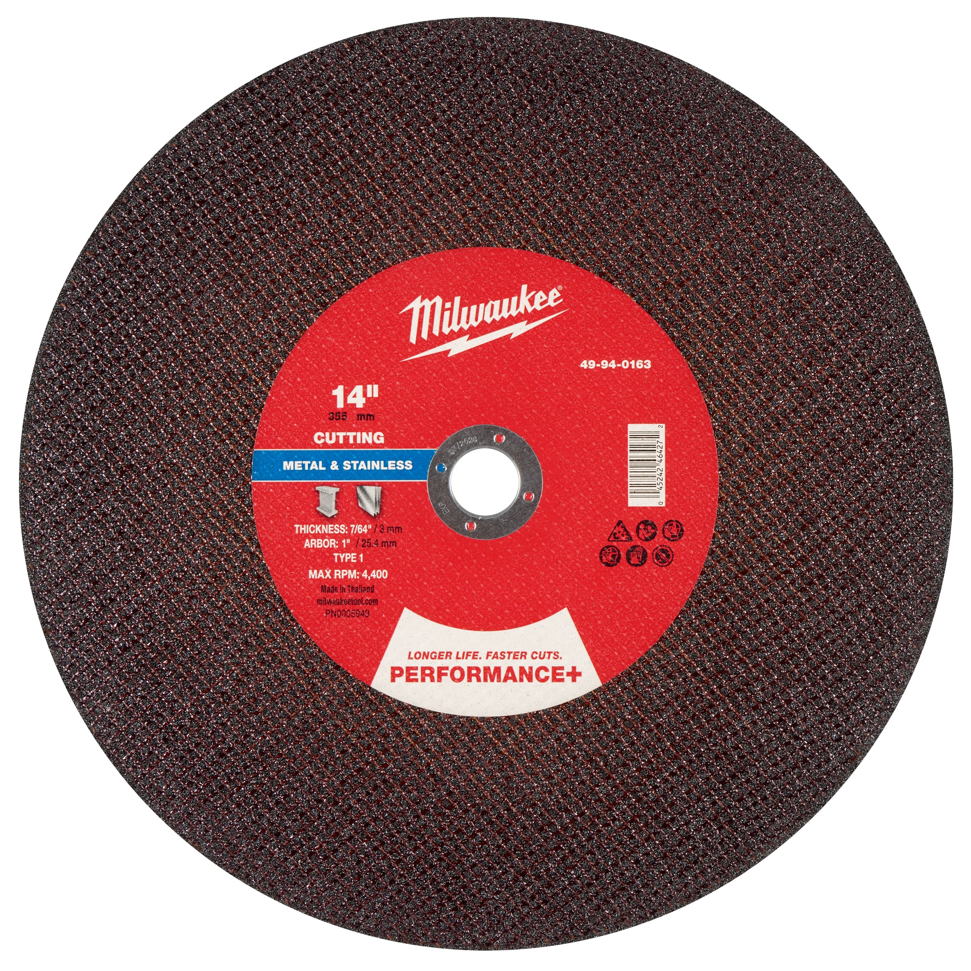 Milwaukee 49-94-0163 14" x 7/64" x 1" Performance+ Metal Cut Off Wheel - Type 1 - Ace Tool Group - Milwaukee Tool
