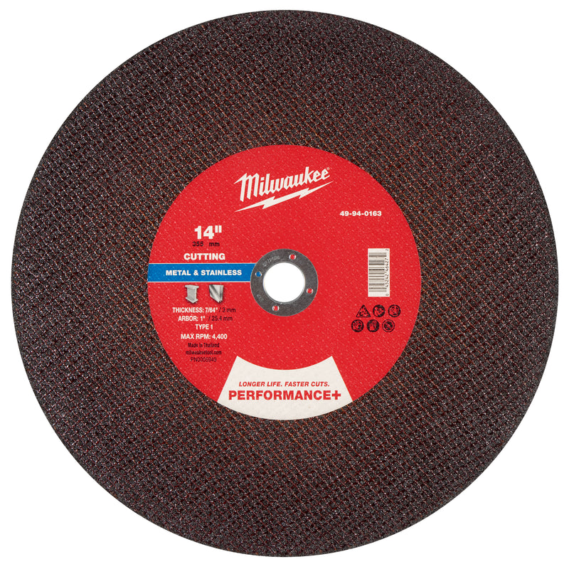 Milwaukee 49-94-0163 14" x 7/64" x 1" Performance+ Metal Cut Off Wheel - Type 1 - Ace Tool Group - Milwaukee Tool