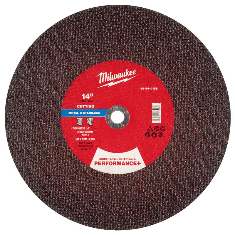 Milwaukee 49-94-0168 14" x 1/8" x 20mm Performance+ Metal Cut Off Wheel - Type 1 - Ace Tool Group - Milwaukee Tool